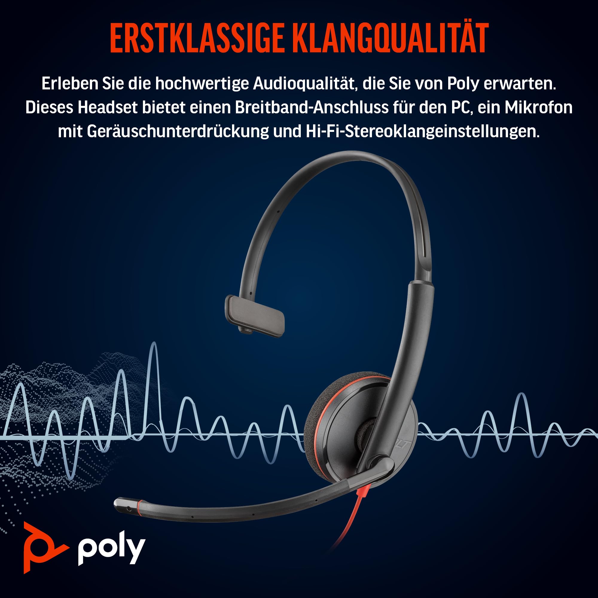 Schnurgebundenes USB-C-Headset Poly Blackwire 3210 – Noise Cancelling-Mikrofon – Ein-Ohr-Design – Verbindung mit PC/Mac über USB-C oder USB-A – Kompatibel mit Teams, Zoom
