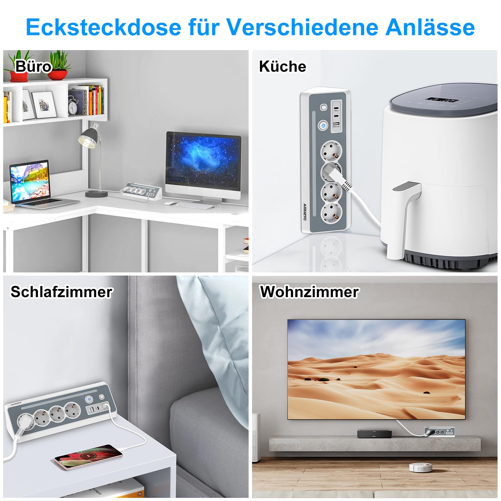 Listwa zasilająca z USB i 2 gniazdami typu C, 4 gniazda narożne z oświetleniem LED, listwa zasilająca, ochrona przed przepięciem, 3680 W, 16 A, 90°, z przełącznikiem, do kuchni, biura, domu