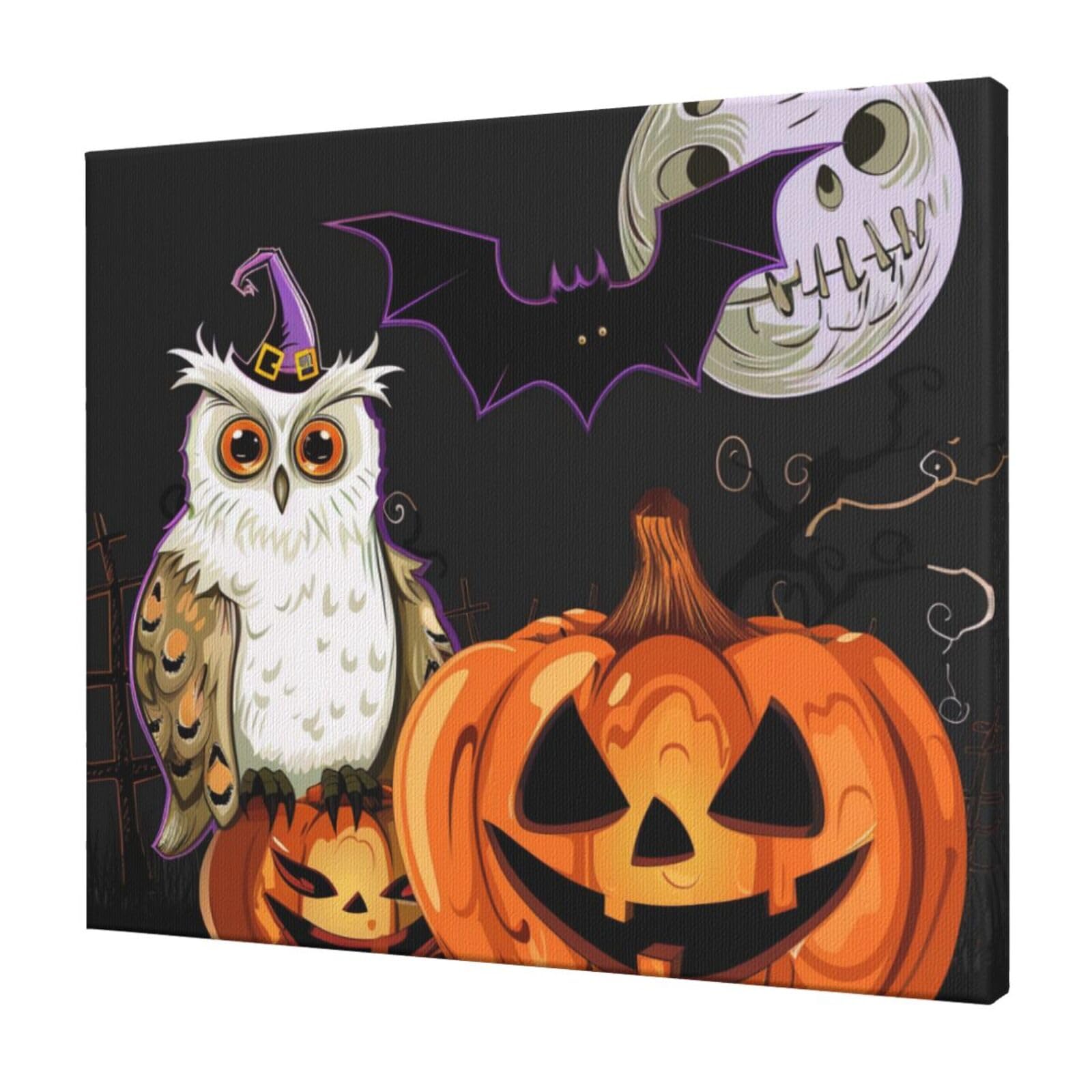YKLJG Halloween Owl Ghost Printed Wall Art Canvas Prints 60x50 CM Wooden Framed Picture Painting Artwork for Bedroom Kitchen Home Office Decor
