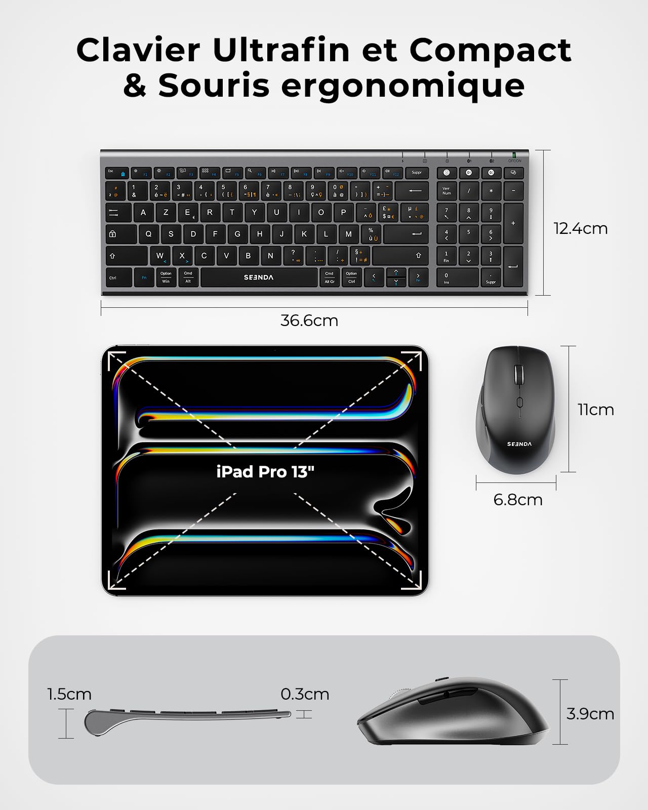 seenda COE401 Clavier Souris sans Fil Bluetooth AZERTY, Noir Gris | Connexion Multi-Appareils, Rechargeable, Ultra-Fin, Silencieux, Souris 4 Niveaux DPI, Compatible Windows/Mac/iPad/Android