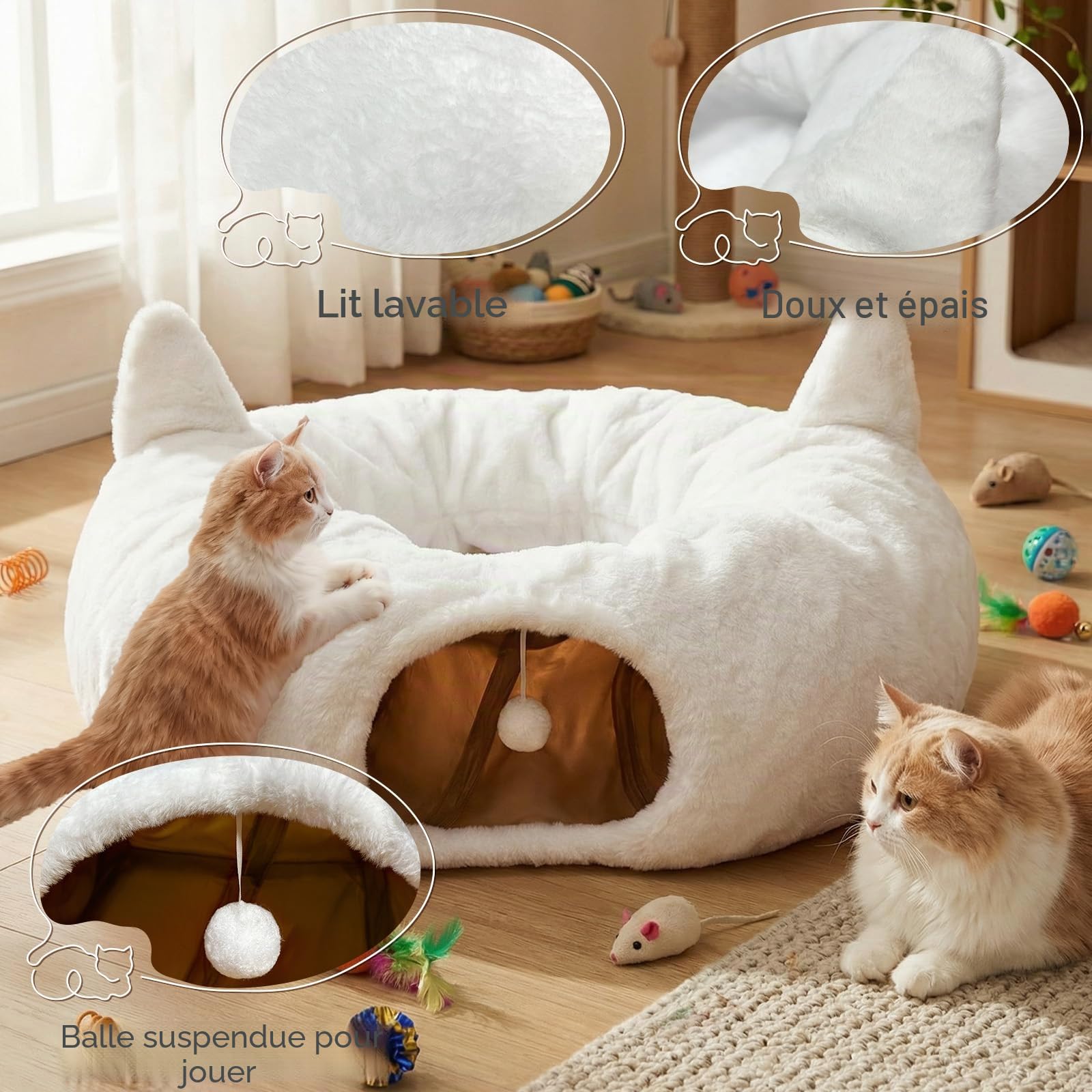 Lit tunnel pour chat d'intérieur en peluche douce avec coussin lavable, pour chaton, lapin, chiot (blanc)