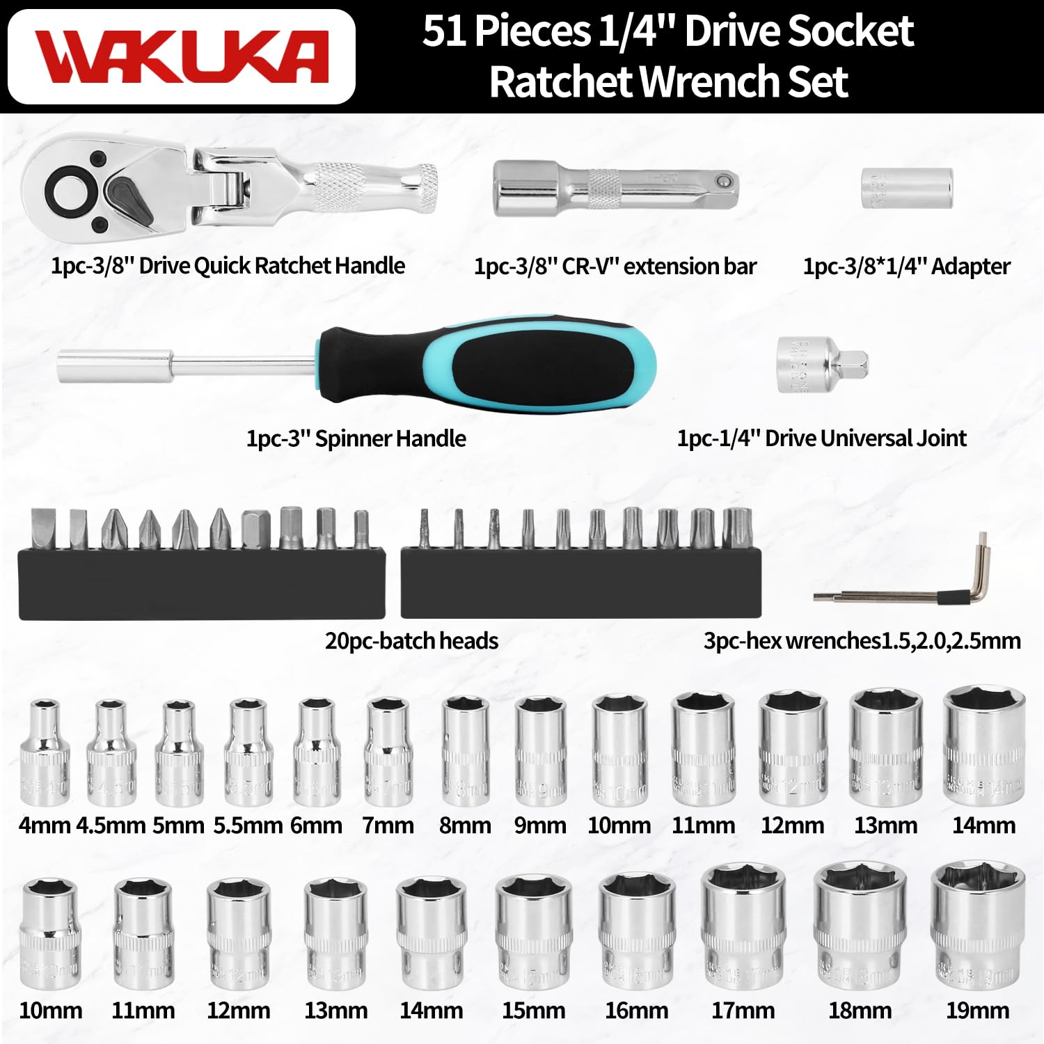 Wakuka 51PCS 1/4 & 3/8 Inch Drive Socket Set with Metric Socket Screwdriver Bit Set Quick-Release Ratchet Wrench and Extension Bar for Auto Repairing, With Thickened Storage Case