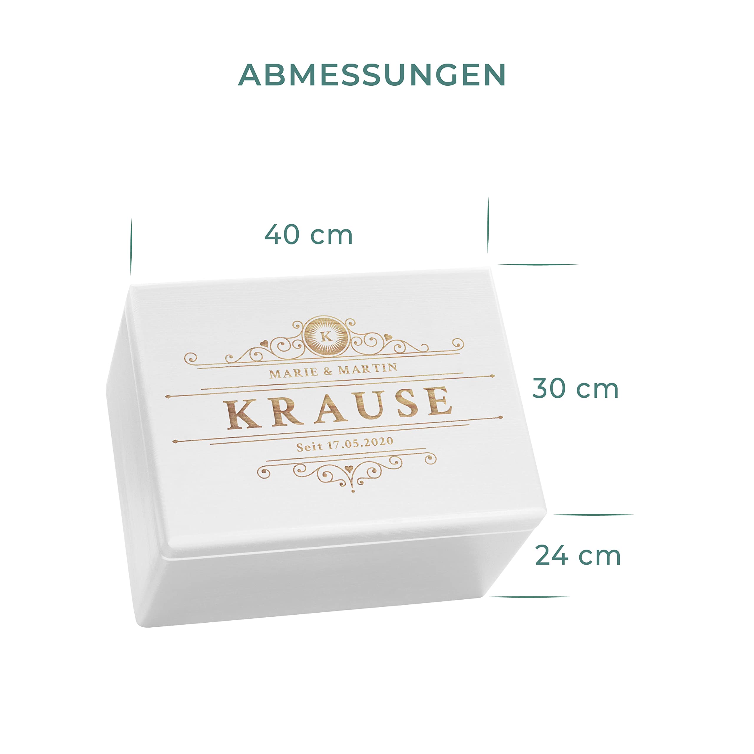 LAUBLUST Holzkiste Personalisiert zur Hochzeit - ca. 40x30x24cm, Weiß, Ranken Gravur | Erinnerungsbox & Geschenkkiste, FSC®
