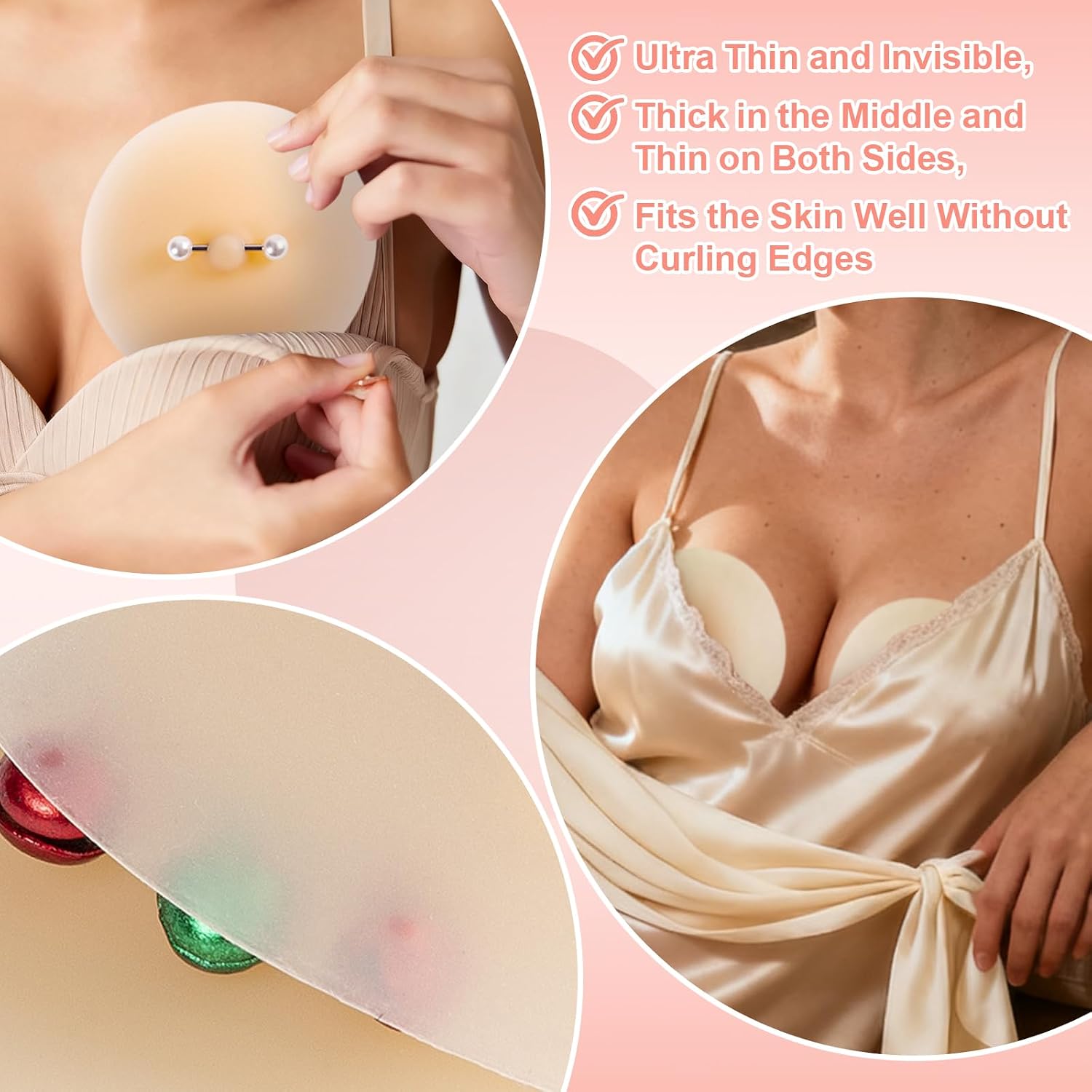 4Pcs Waterproof Fake Nipple Piercings Bra, Reusable Nipple Pasties with Fake Piercing Jewelry for Women Pink