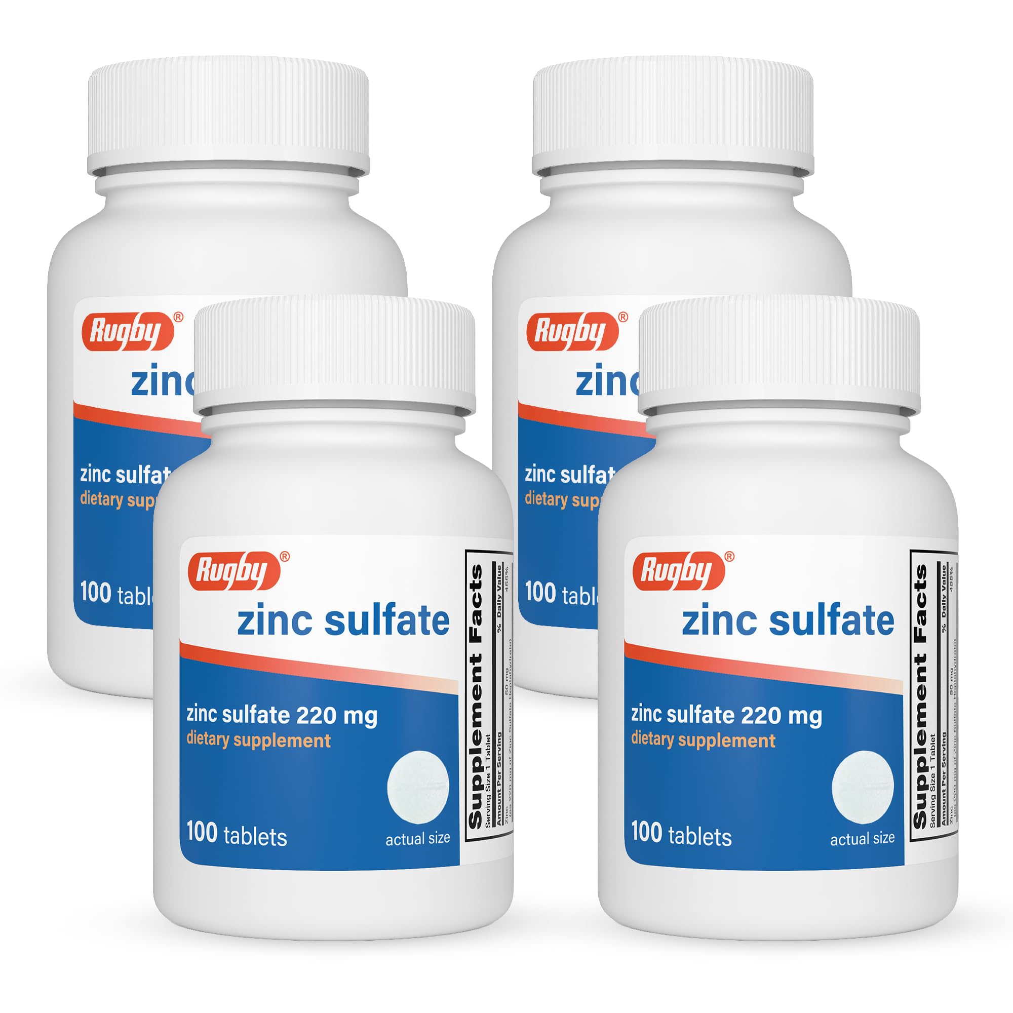 Rugby Zinc Sulfate 220 mg Tablets - Made with Zinc Sulfate Heptahydrate - Dietary Supplement - 100 Count (4 Pack) 100 Count (Pack of 4)