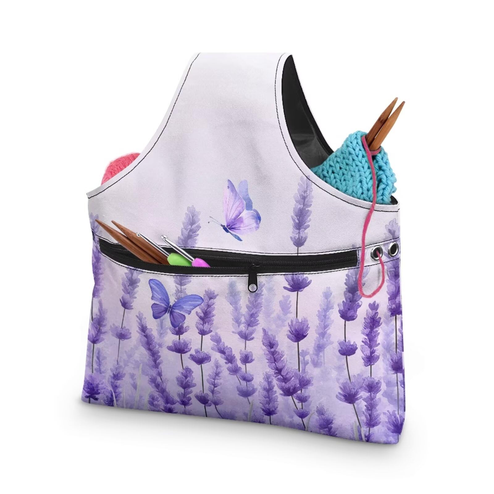 ASQVTIFE Purple Butterfly Yarn Tote Bags Large Crochet Storage Bag for Women Girls at Home Lavender Yarn Bags for Crocheting On The Go Organizer Knitting Accessories with Front Zipper Pocket
