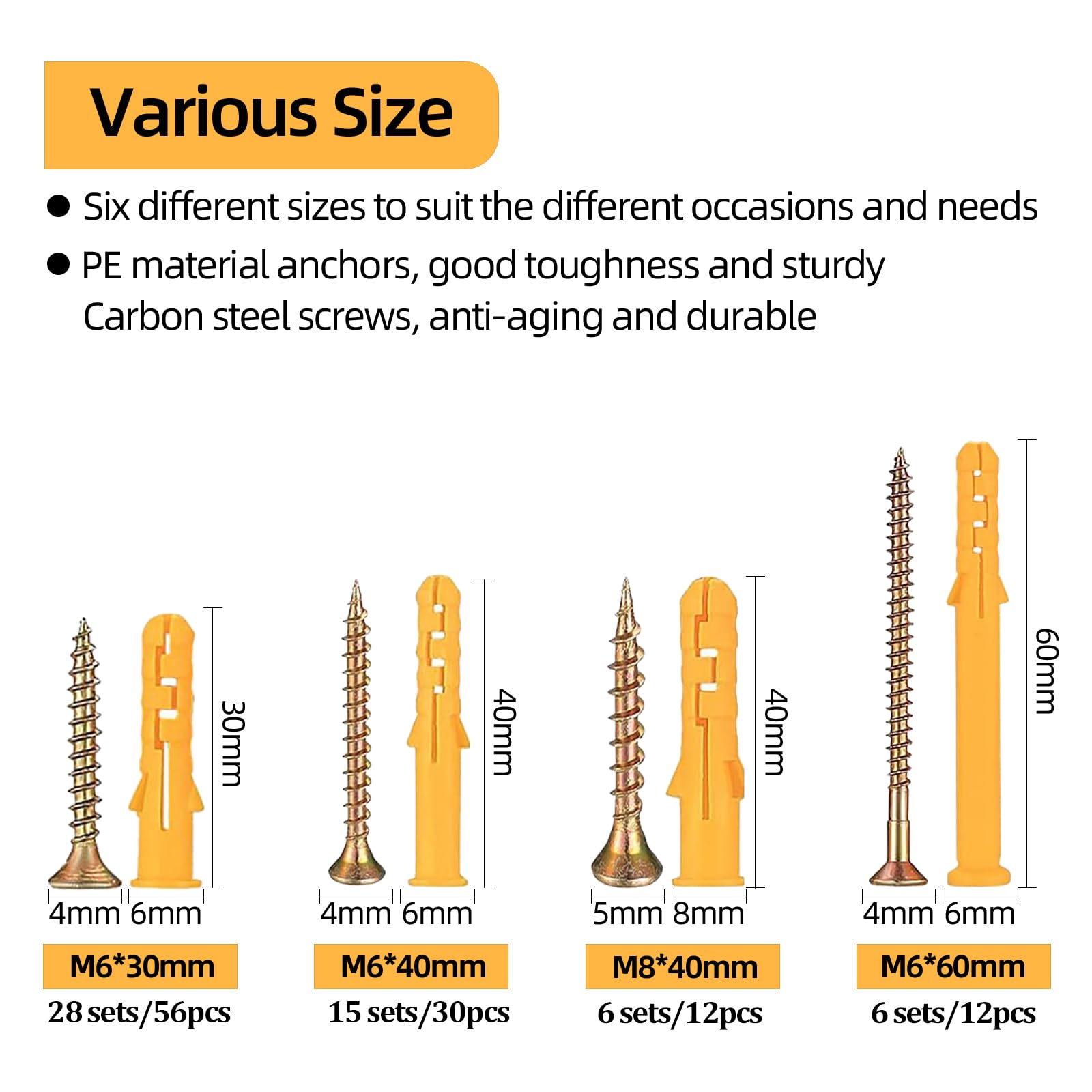 110 PCS Wall Plugs & Anchors Set, 4 Sizes M6/M8 Hollow Wall Anchors for Brick Concrete, Masonry, Drywall - Image 2