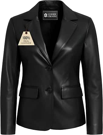 Lambskin Leather Blazer Women – Notched Lapel, Long Sleeves, Flap Pockets