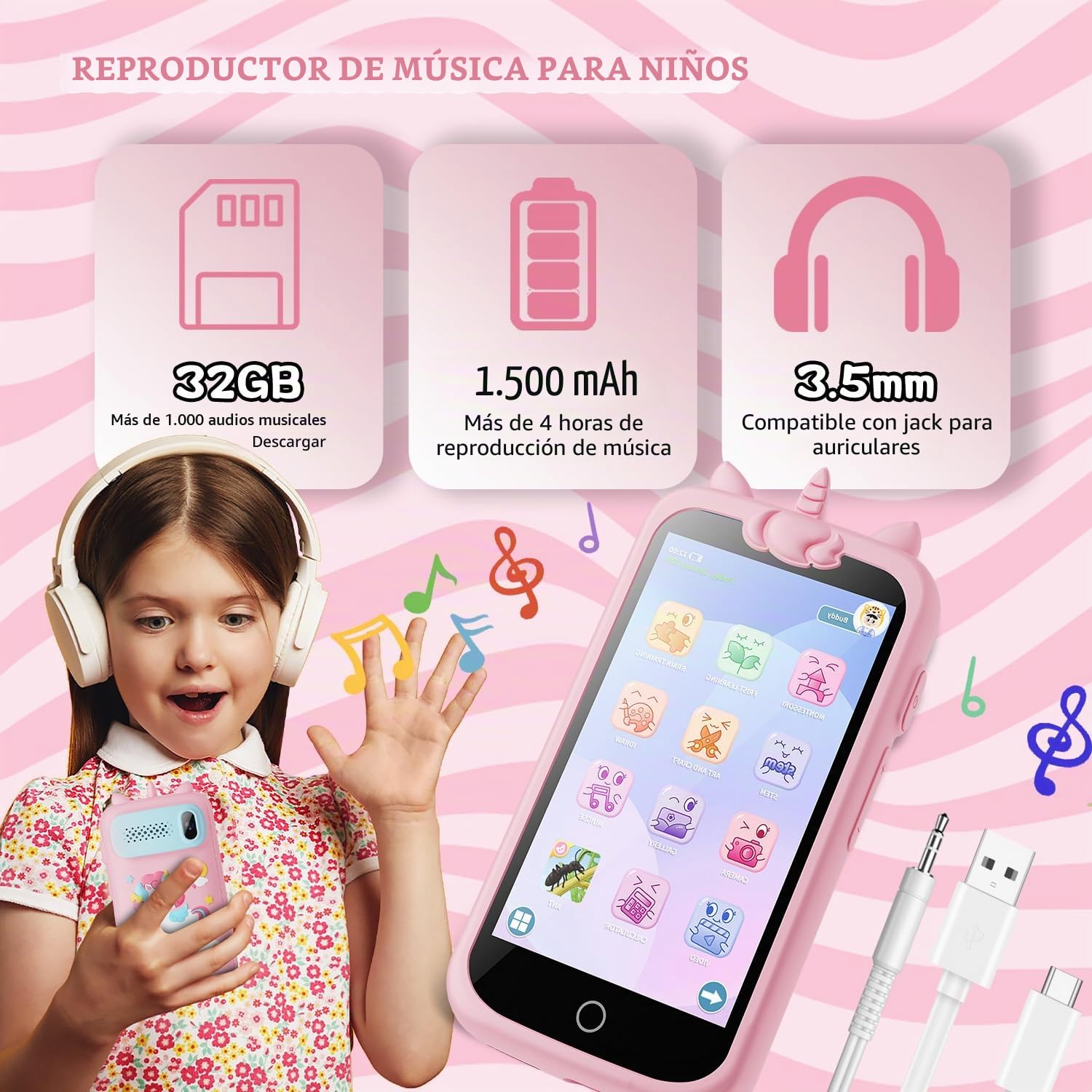 Smartphone Niños, 3.97" juguetes para niñas, regalos de cumpleaños de Navidad para niñas de 3 a 12 años, con 210+ Juegos de Puzzle, Control Parental, Cámara, Música