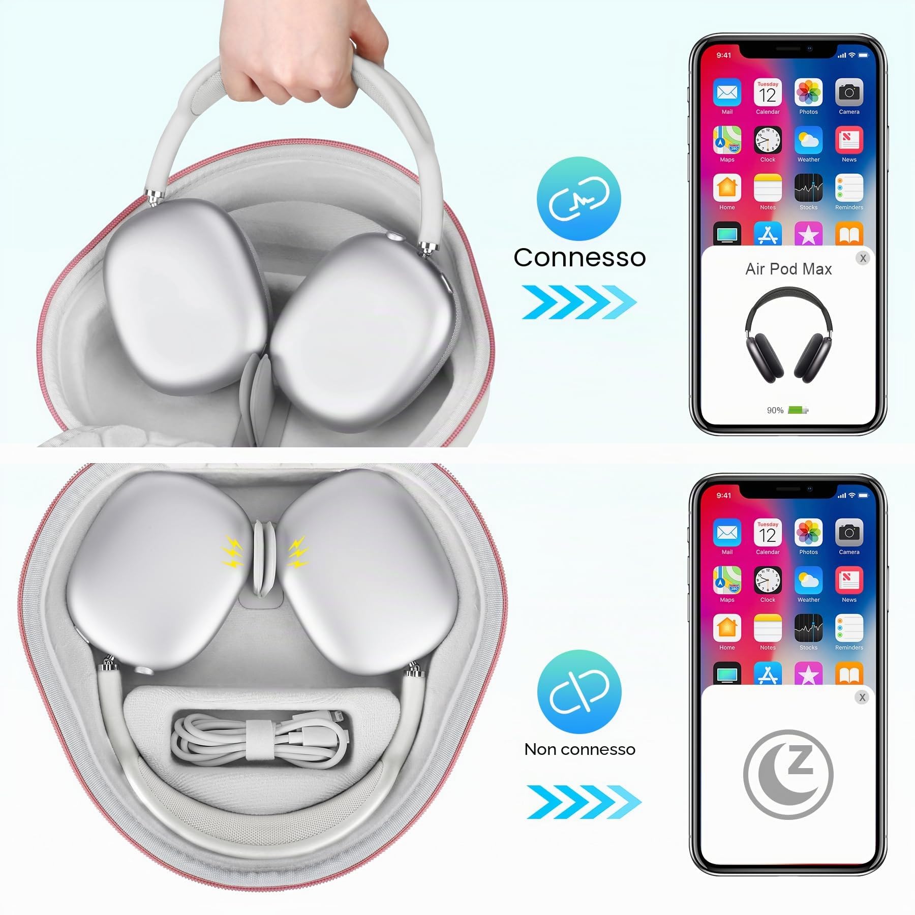BOVKE Custodia con Modalità standby per Apple AirPods Max 2 / Max Cuffie Wireless over-ear, Custodia da Viaggio Protettiva Portatile AirPods Max 2 / Max, Tasca in rete per Accessori, Bianco Oro Rosa