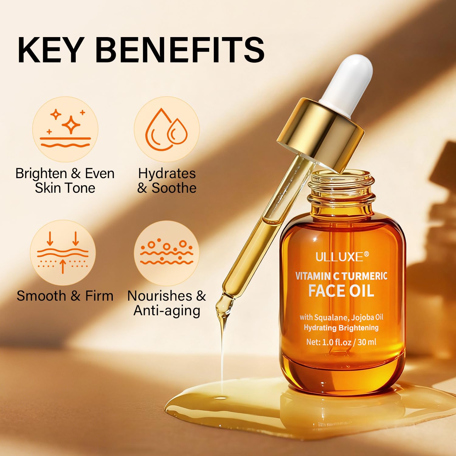 Vitamin C Turmeric Face Oil, Brightening & Hydrating Facial Oil, Nourishing & Anti-Aging with Jojoba Oil & Squalane for Dark Spots, Dry Skin, Wrinkles & Uneven Skin Tone, for All Skin Types, 1 Fl Oz - Image 3
