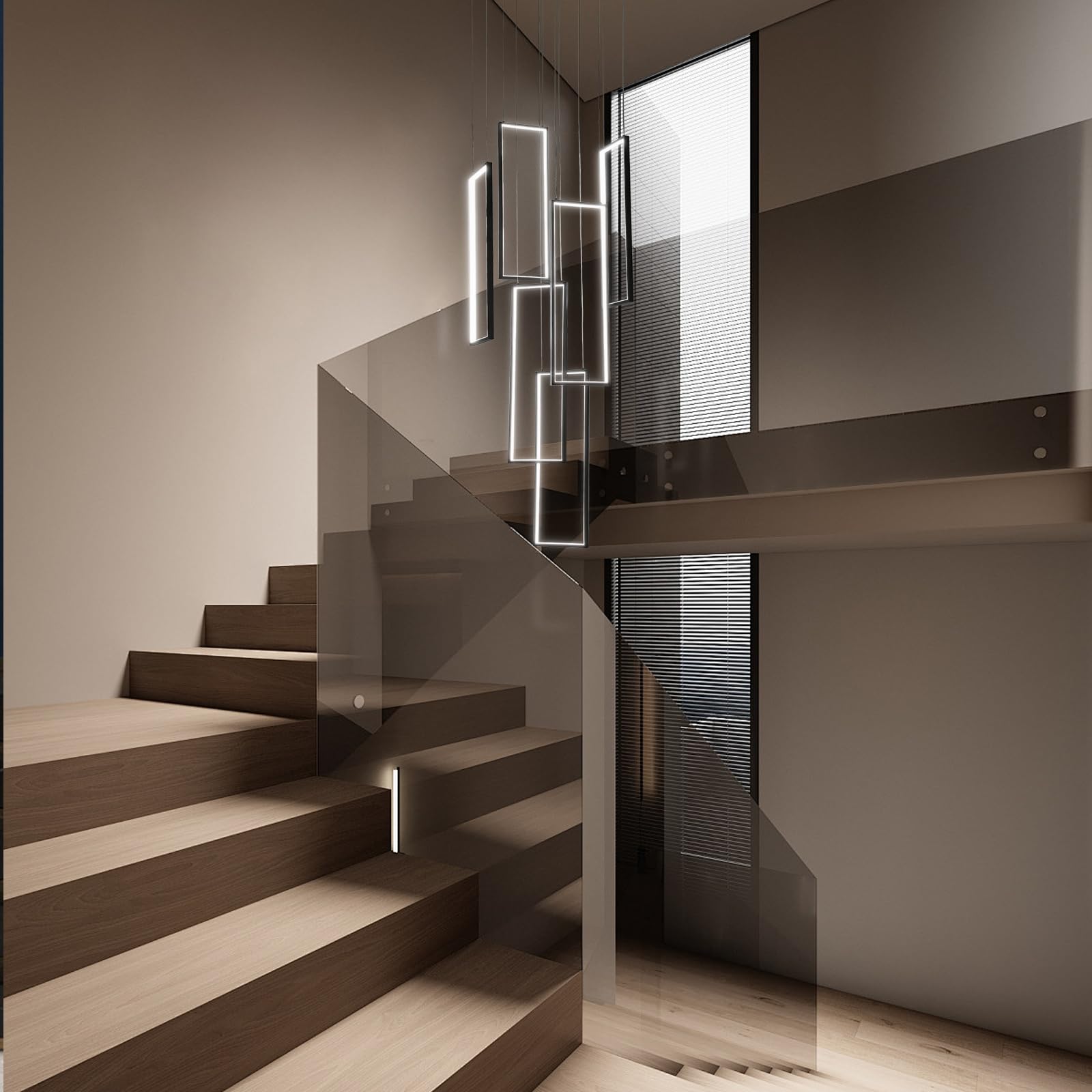 Treppenhaus Kronleuchter Modern,300Cm Hoch Schwarz Led Pendelleuchte,6 Rechteckige Dimmbar Dekoratives Hängeleuchte FüR Villa Treppe Esszimmer Wohnzimmer,Hohe Decken Pendellampe LüSter