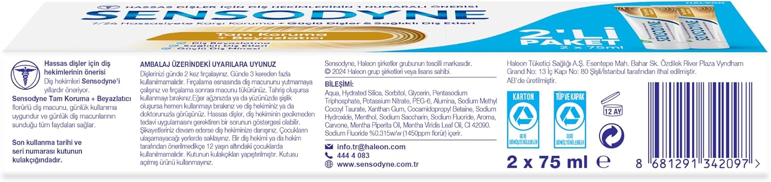 Sensodyne Tam Koruma & Beyazlatıcı Diş Macunu 75 Ml 1+1