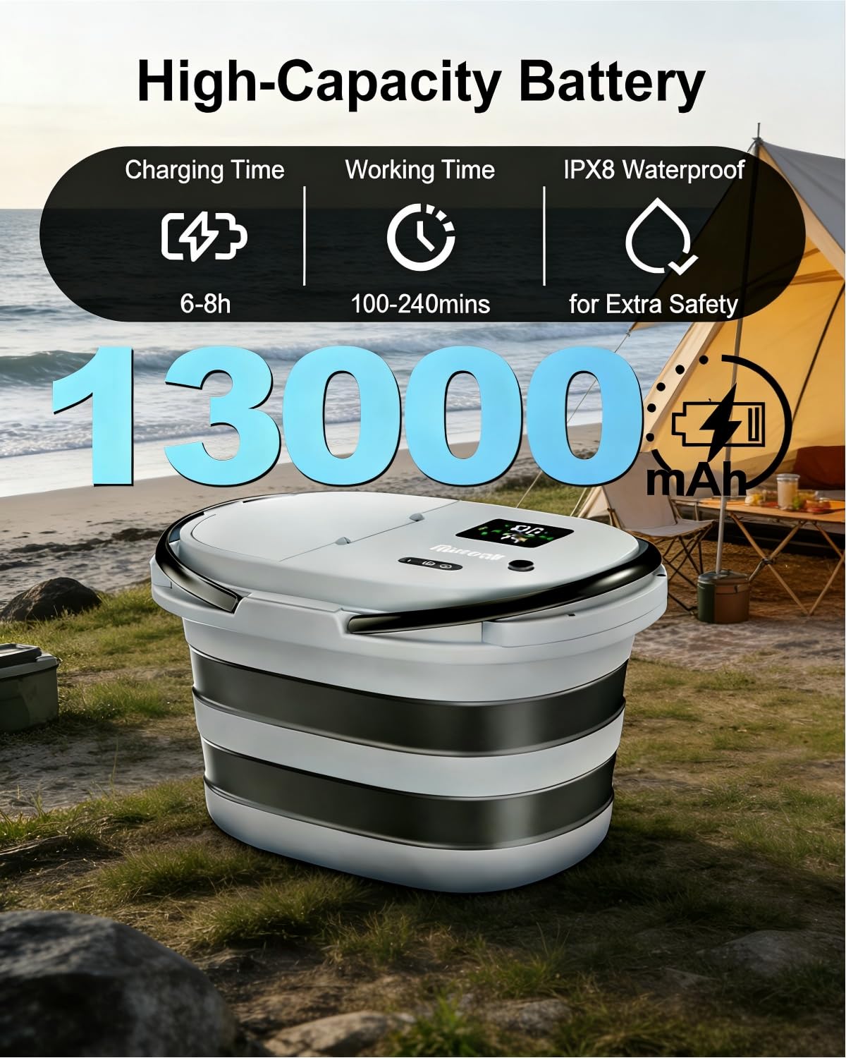 Doccia Portatile, [2 in 1-13000mAh] Doccia da Campeggio Integrata con Secchio, Ricaricabile USB, Secchio Pieghevole da 20L, Kit Doccia per Animali, Emergenze Spiaggia Giardino Lavaggio Auto