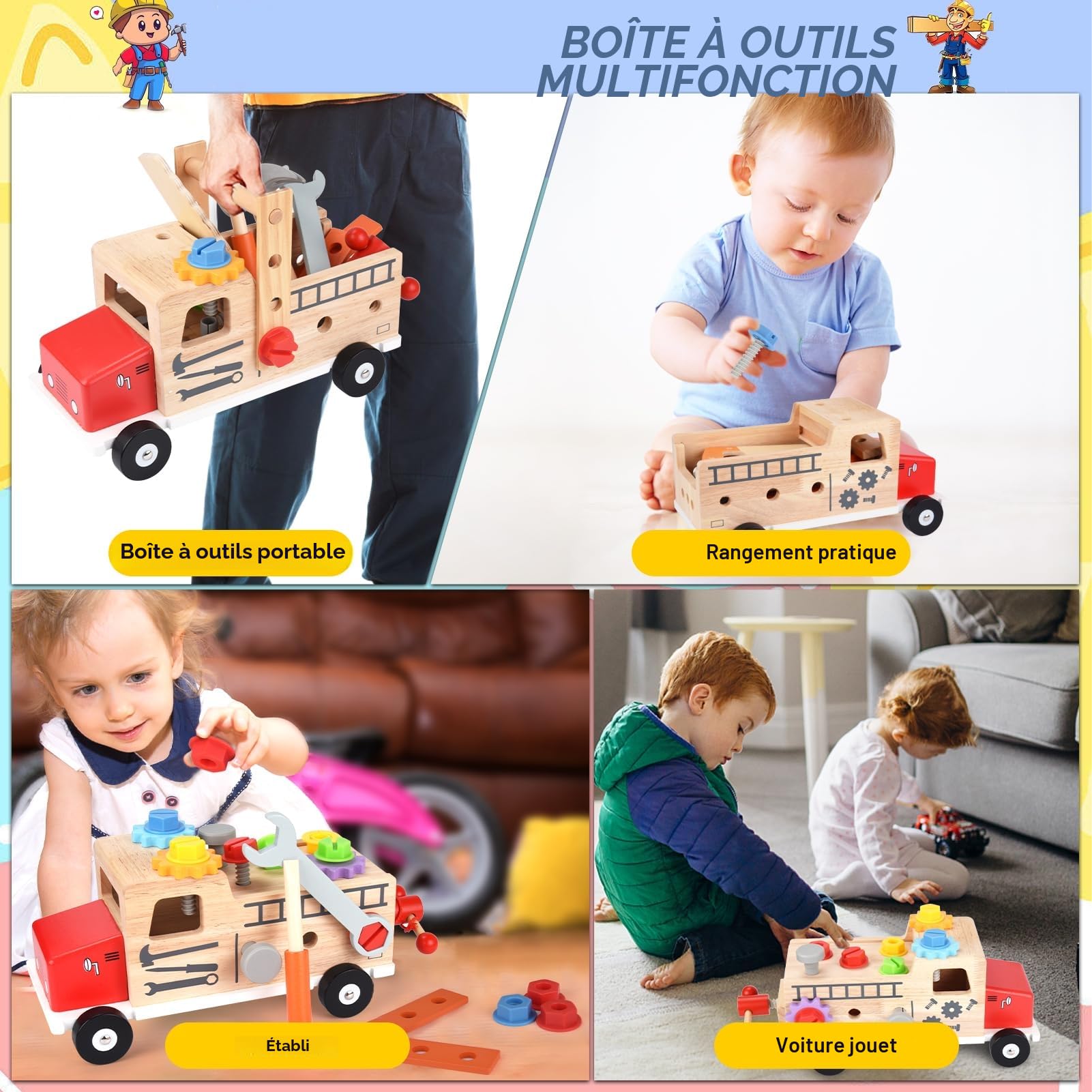 Coffret à Outils en Bois Montessori - Voiture Jouet Éducatif avec 30 Pièces, Jeu d'Imitation Bricolage pour Enfant, Cadeau Garcon Fille 2 3 4 Ans (Camion)