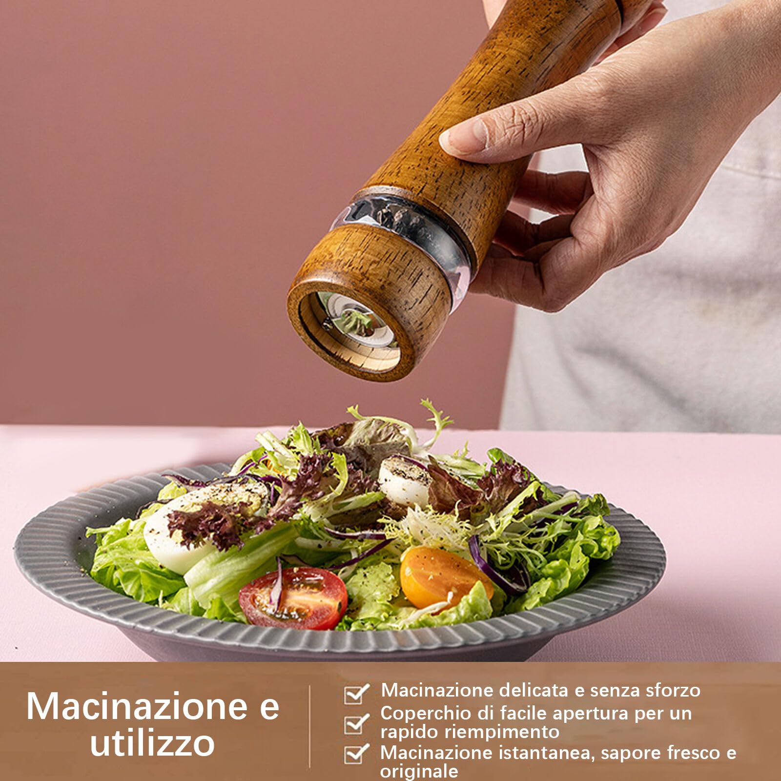 Macina Pepe Set di 2 Pezzi Legno,Macina Sale e Pepe Manuale con Trasparenti Finestra in Acrilico,Saliera e Pepiera con Regolabile Macinino in Ceramica per Sale, Pepe, Spezie,Macinapepe Manuale
