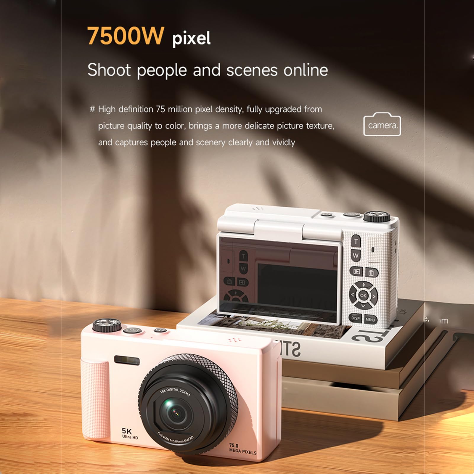 BuyWeek Fotocamera Digitale 5K 75MP, Fotocamera per Vlogging HD con Zoom 18X Autofocus con Schermo Flip 180° 2,8", Selfie, Flash Incorporato, Supporta Schede Fino a 256GB (Bianca)