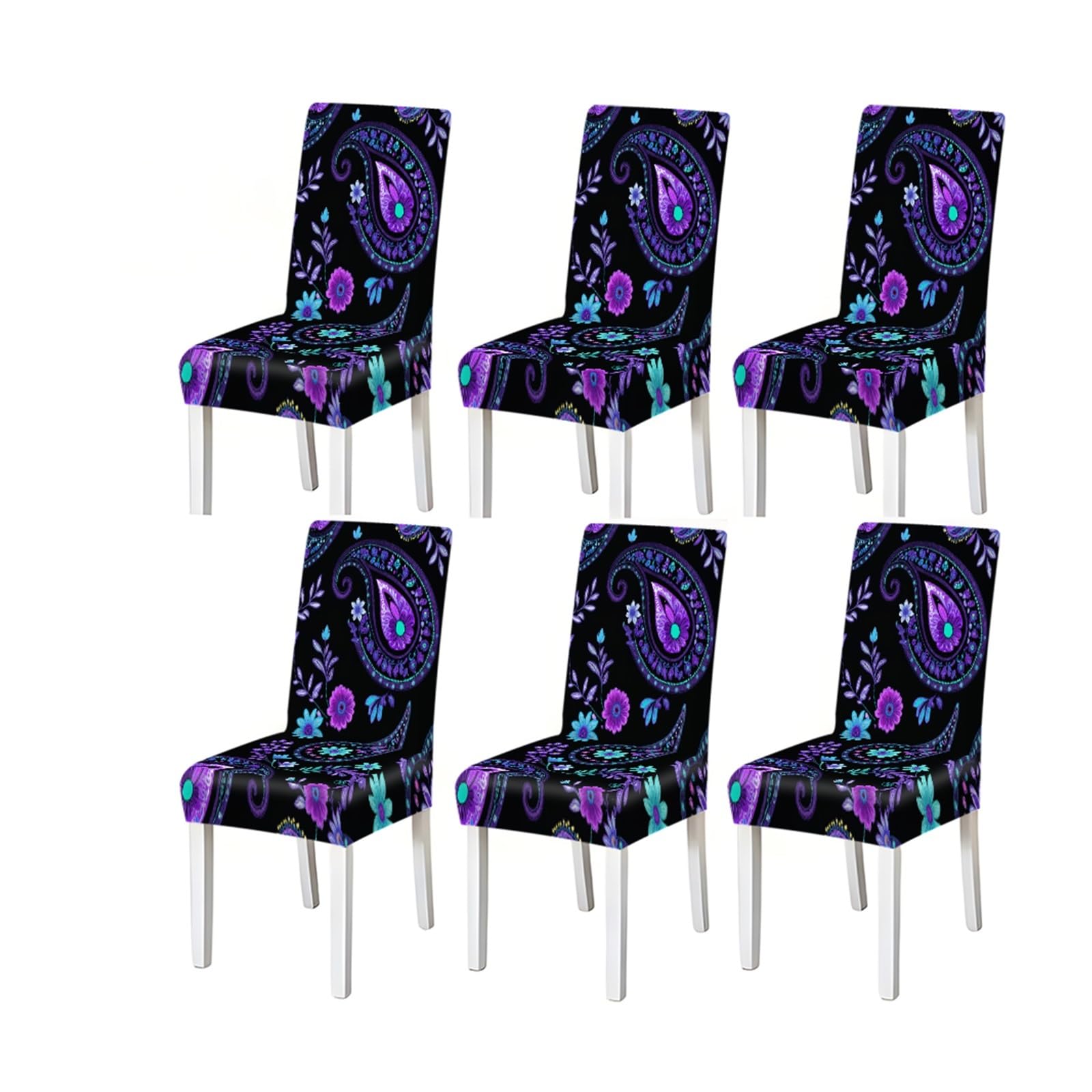 BOSUYBN Purple Paisley Floral Pattern Print Dining Chair Covers Set Of 2/4/6, Stretch Slipcovers For Kitchen Dining Room Furniture Protectors for Home Dining Room(6PCSChair cover)