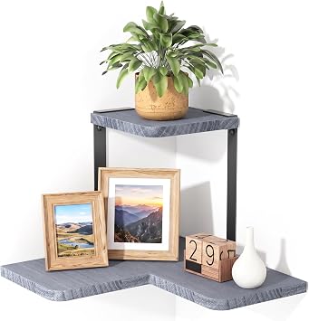SRIWATANA 2-Tier Corner Wall Shelf,Rustic Wood Display Shelf Weathered Grey