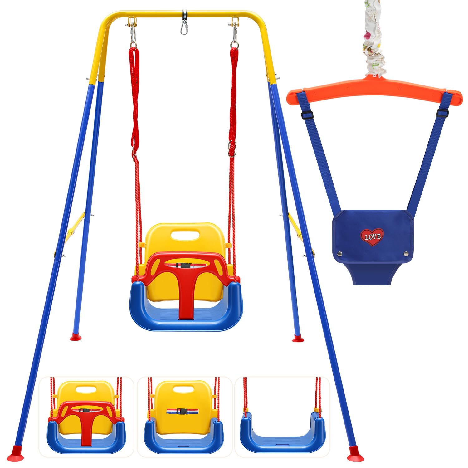 Balançoire pour bébé 4 en 1 avec armature, balançoire pour enfant, jumper avec ceinture de sécurité, pliable et 4 sacs de sable, pour l'intérieur et l'extérieur, facile à monter