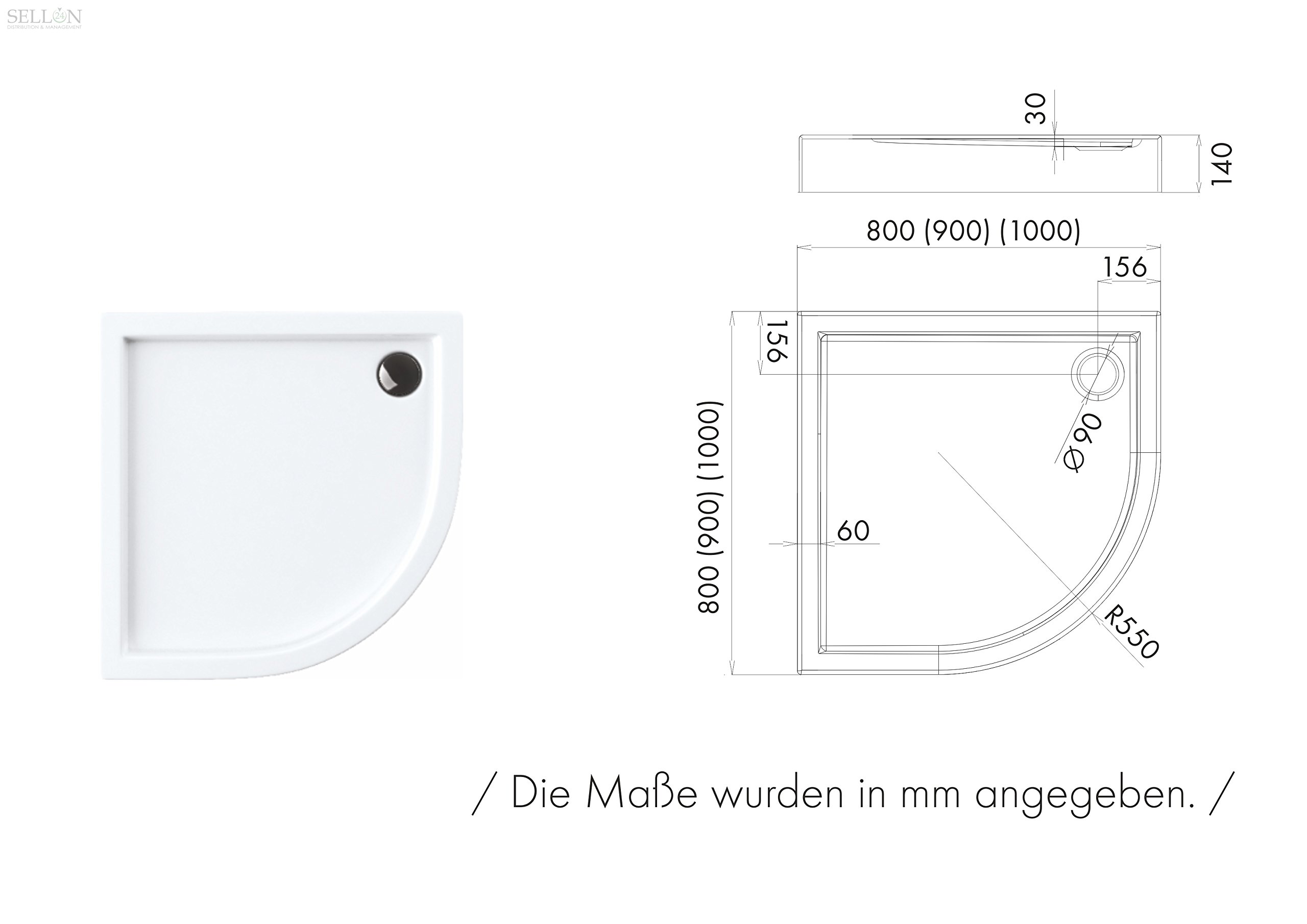 Stabilsound® Brodzik prostokątny półokrągły akrylowy wanna z uchwytem EPS zintegrowany akrylowy fartuch różne rozmiary - 90 x 90 x 14 R55