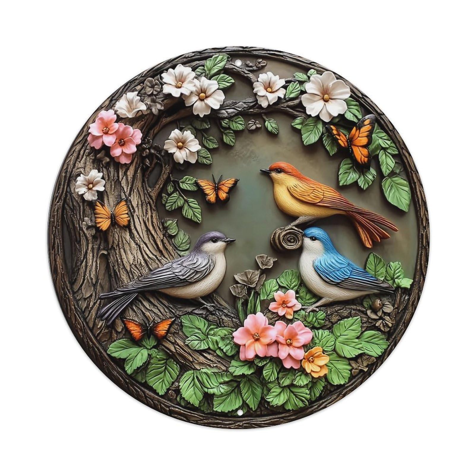 Birds Flowers Butterflies Leaves Tree Round Metal Tin Sign Vintage Wall Decor, Bar Garage Cafe Kitchen Home Wall Art Poster 8x8inches