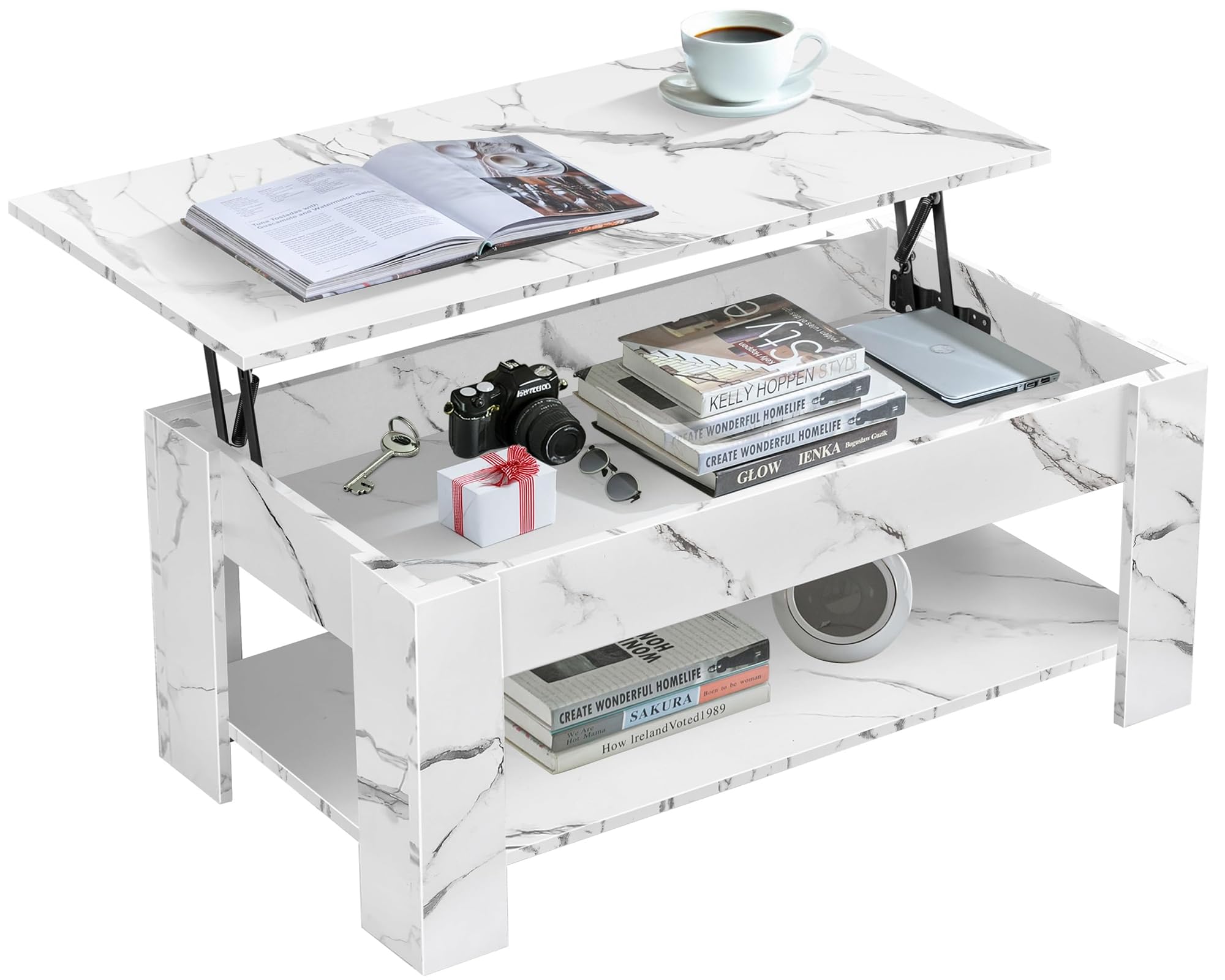 Blisswood Coffee Table With Storage, Lift Up Coffee Table For Living Room, Wooden Coffee Tables With 1 Shelf Large Hidden Storage Lift-Top Sofa End Tea Table White Marble 120x60x(49.5-62.5) H cm