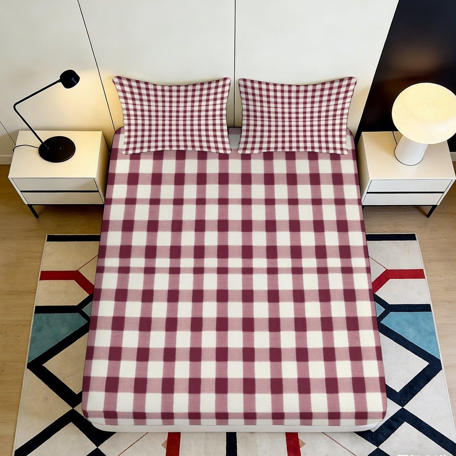 3D Printed Burgundy Check Fitted Sheet Microfiber Soft Breathable Plaid Bed Cover for Bedroom Dormitory Guest Room Mattress Protection Decor 120x200x25cm