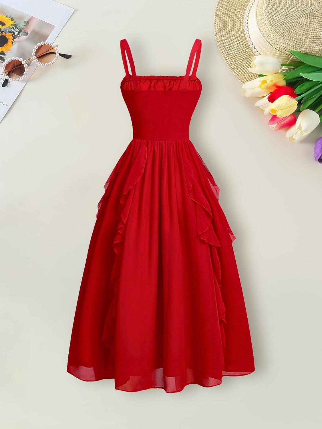 Girls Dress Sleeveless Ruched Ruffle Hem A Line Spaghetti Strap Cami Flowy Sundress Long Summer Dresses for Teen 13-16Y - Image 3
