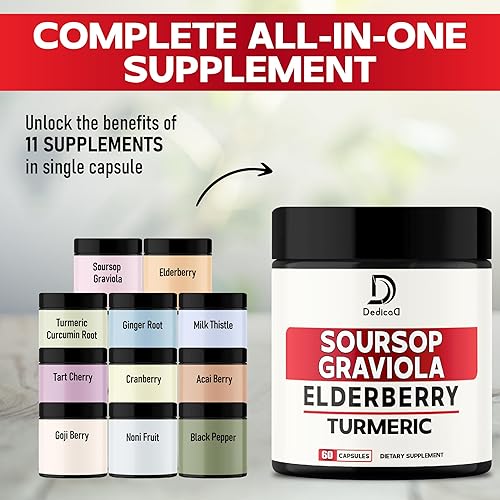 Miniatura 6 de Cápsulas de hojas de guanábana Graviola 11 en 1 de 9450 mg - Mezcladas con saúco, cúrcuma, jengibre, cardo mariano, arándano y más - Apoya el estado