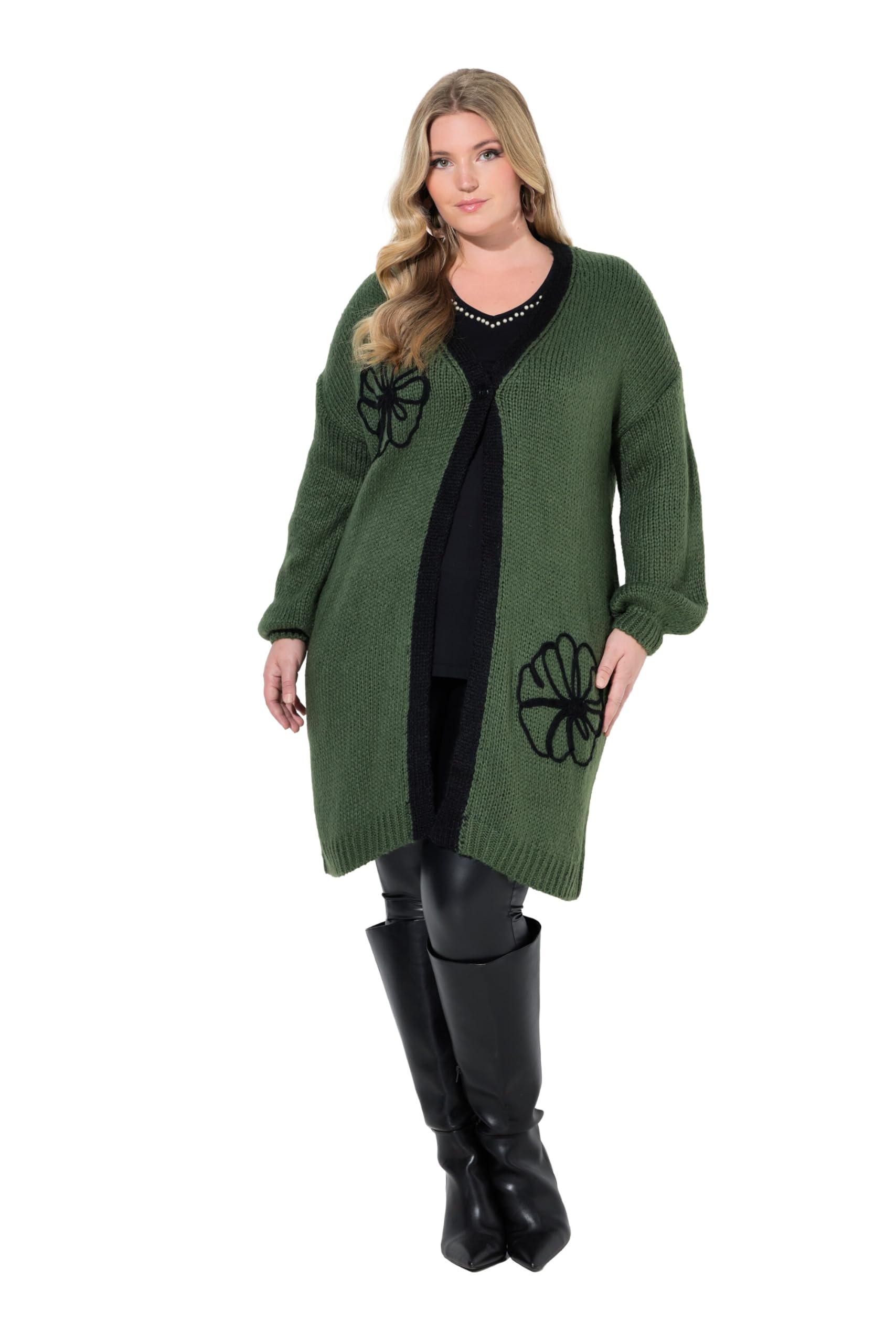 MIAMODA Damen große Größen Übergrößen Plus Size Long-Strickjacke, Straight Fit, Blumen-Stickereien 845444