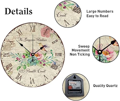 Miniatura 8 de Reloj de pared con diseño de colibrí, diseño de pájaro, flor y letra, reloj silencioso personalizado, funciona con pilas, 10 pulgadas, arte de