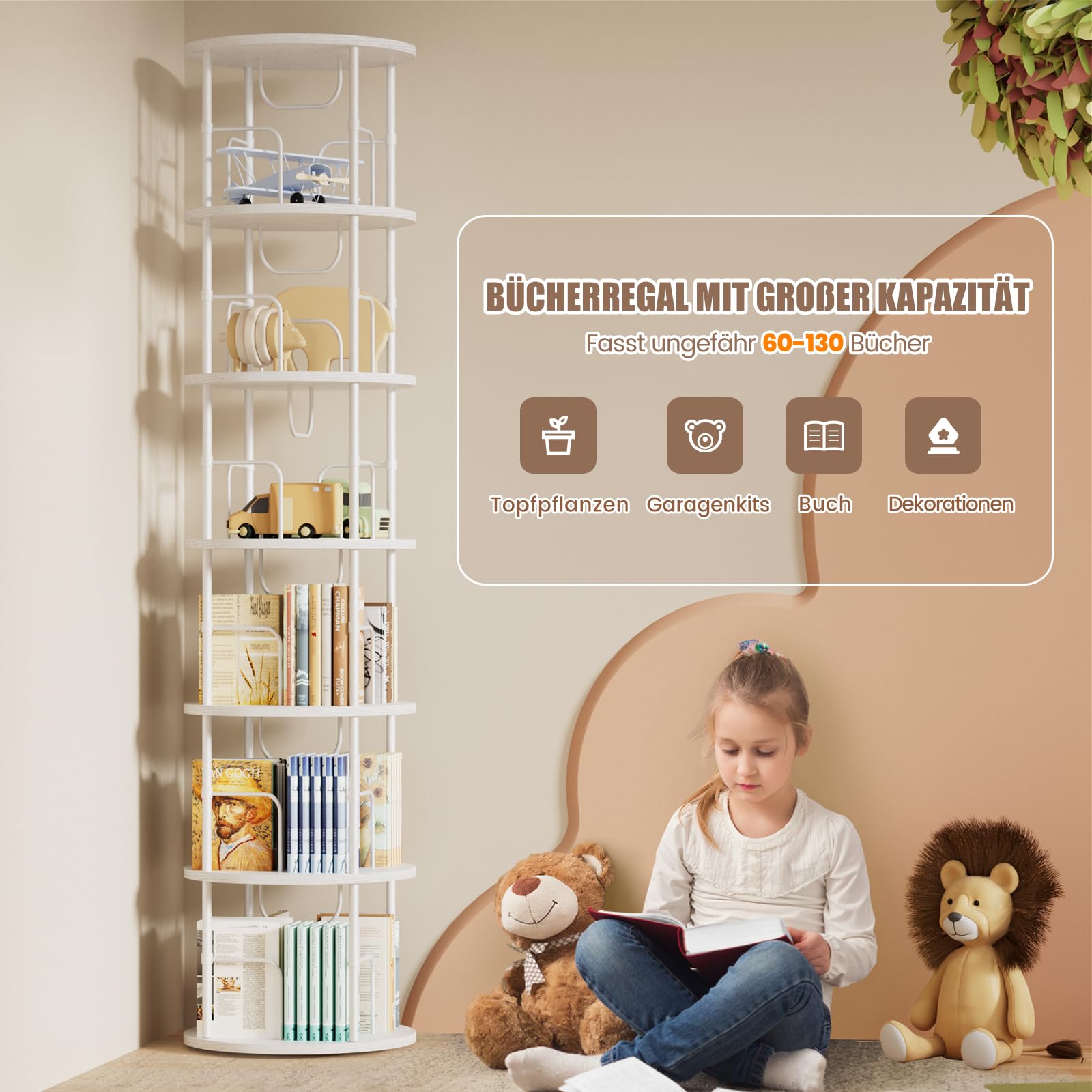 Generisch 360° Drehbares Bücherregal, Bodenstehendes Bücherschrank Aus Holz, Bookshelf Mit 6 Ebenen, Verstellbare Ebenen, Standregal, 45×45×193cm, Weiß