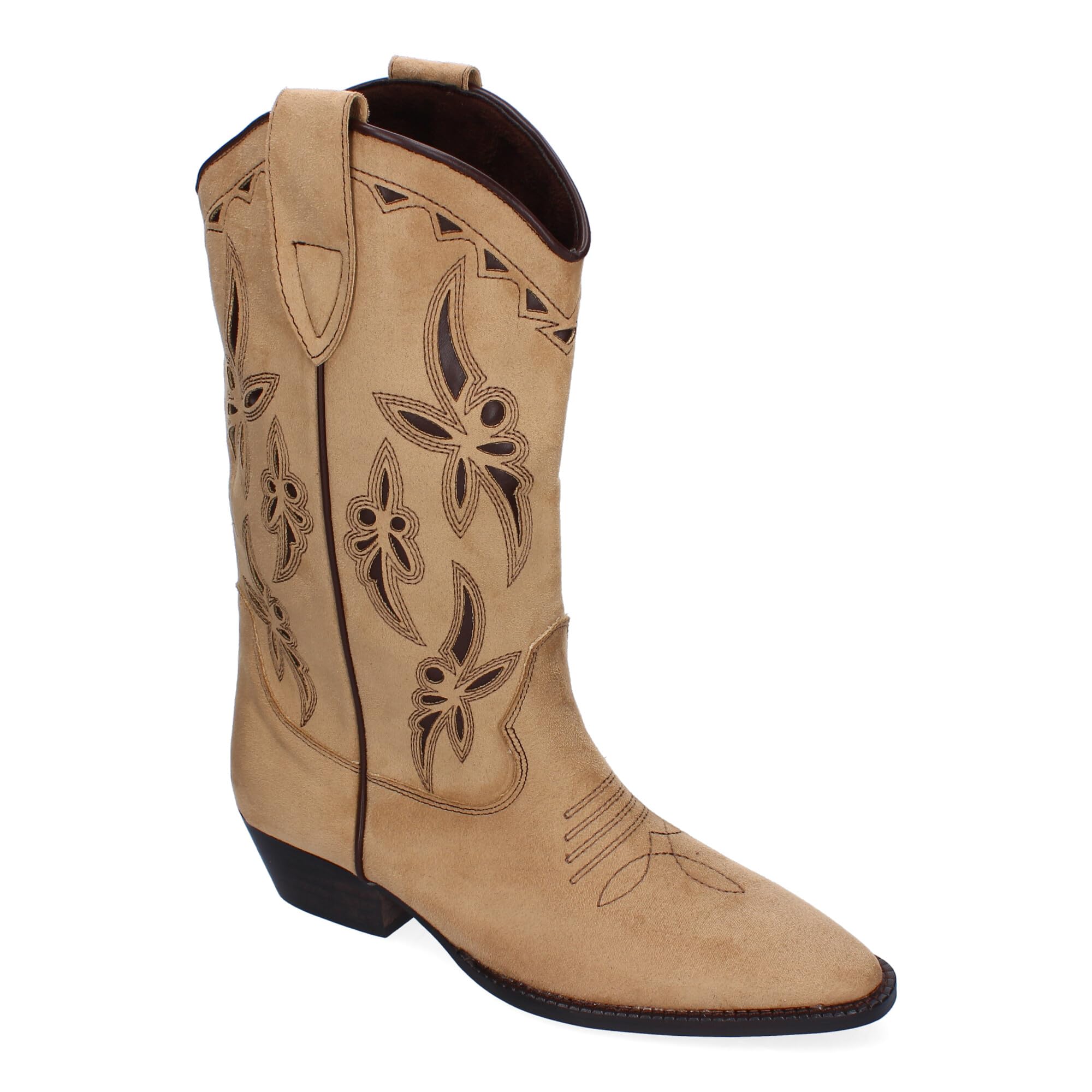 Botas de Mujer Elegantes con Tacon Campero y Adornos Bordados, Cierre Lateral con Cremallera, Puntera Fina