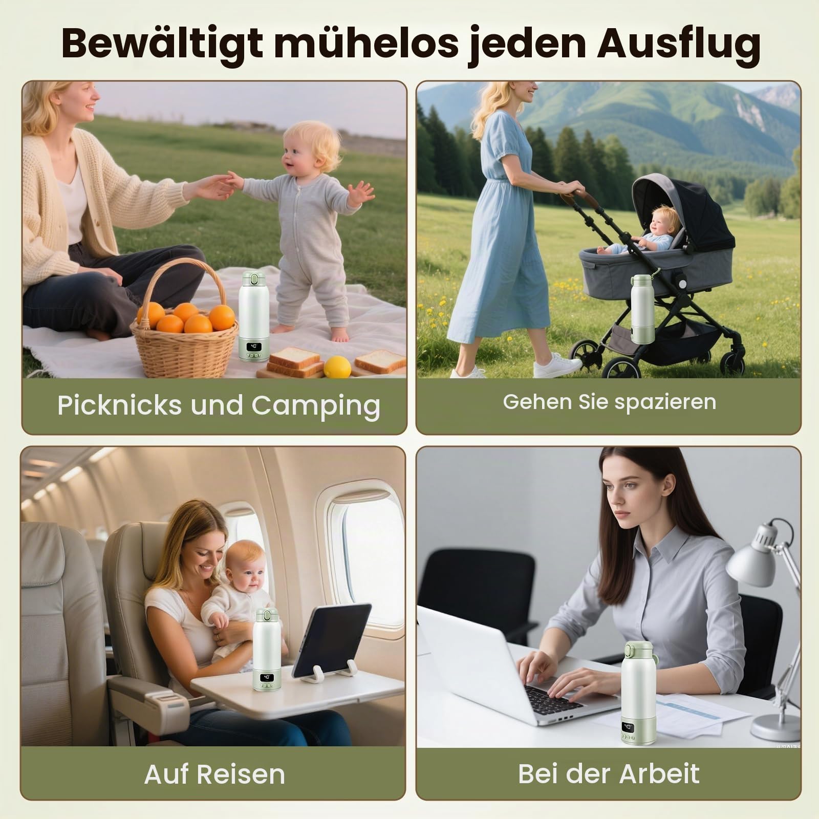 Tragbarer Flaschenwärmer Baby Unterwegs, 500ml Große Kapazität Babyflaschenwärmer Schnelle Erwärmung Muttermilch Wasser Oder Milch, 37-70℃ einstellbare Temperatur