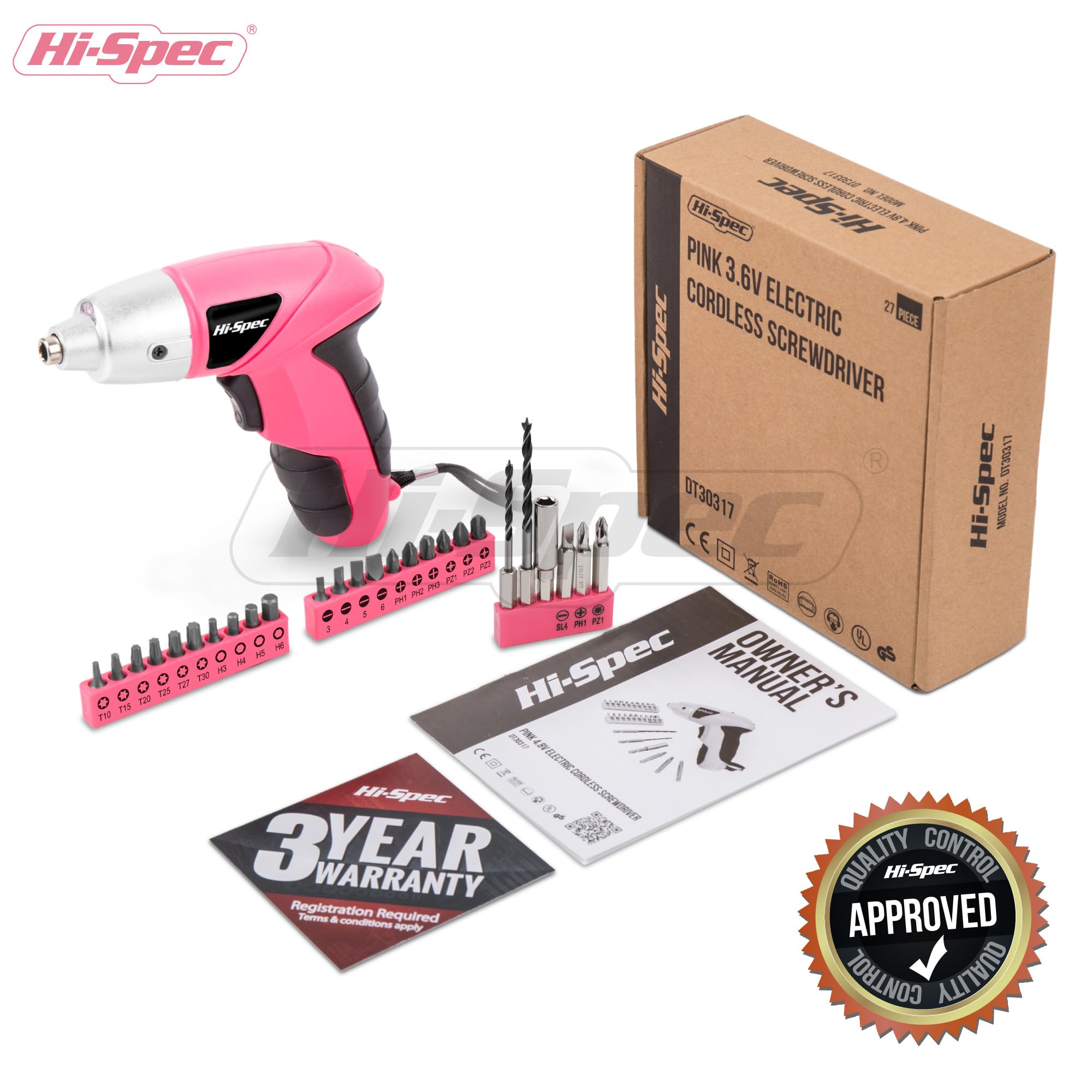 Hi-Spec Avvitatore a Batteria, Avvitatore Elettrico 3,6V USB Senza Fili Ricaricabile con Set Inserti per Casa e Fai da Te, Leggero e Facile da Usare, 27 Pezzi, Rosa