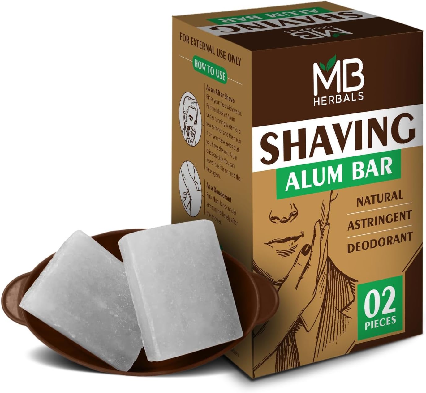 MB Herbals Shaving Alum Bar 100g | Pack of 2 Alum Bars | Premium Quality Potassium Shaving Alum Bars, 3.53oz Each | No Fragrance | Stops Bleeding Due to Minor Nicks & Cuts After Shaving