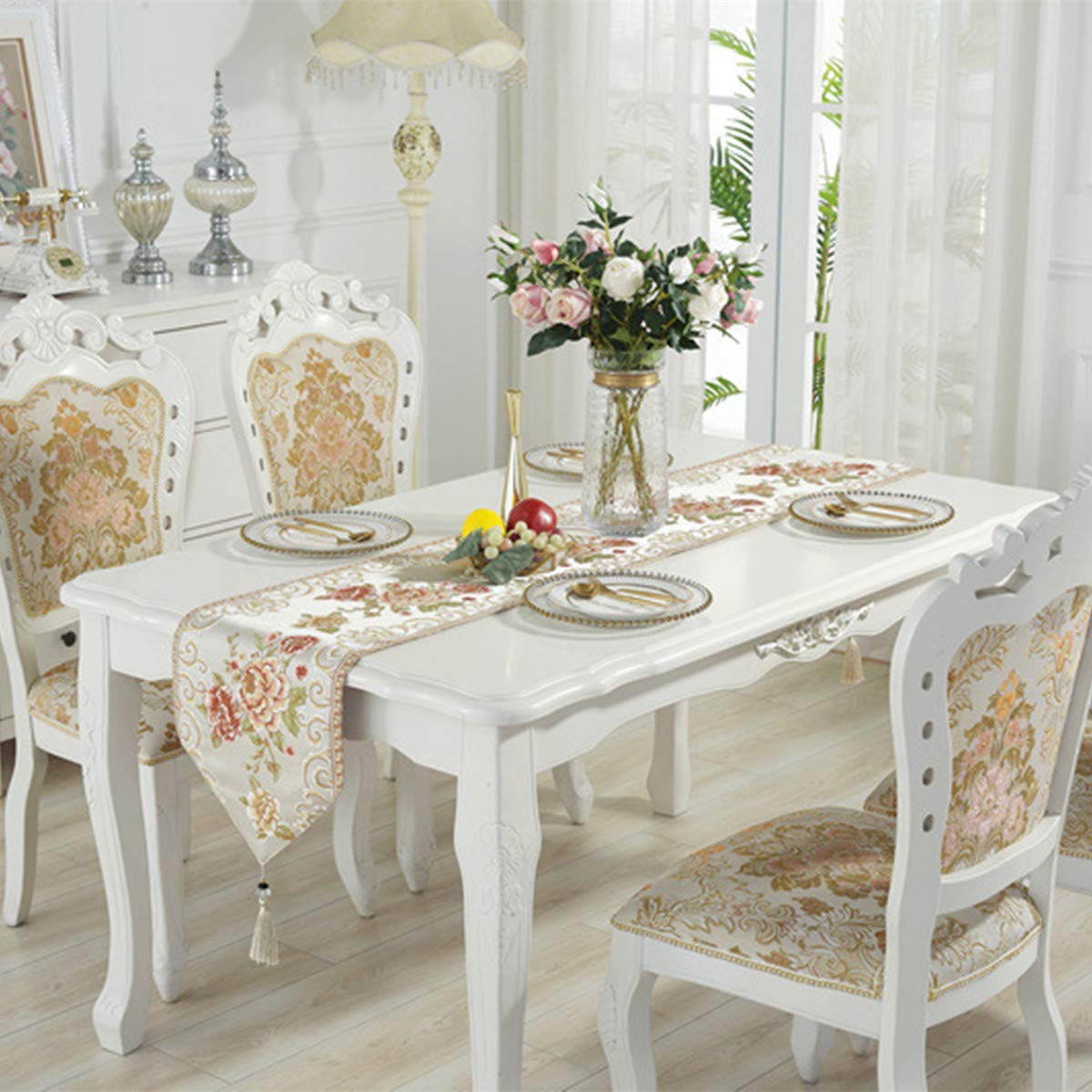 DK Homewares Chemin De Table Traditionnel Brocart Bordeaux/café – 35x180 Cm, Broderie Ari Zari, Pompons