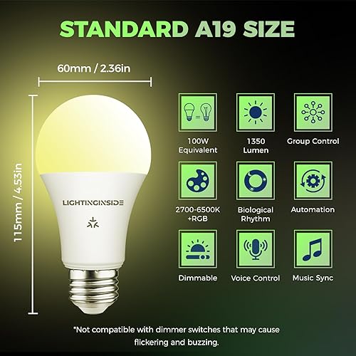 Miniatura 7 de Lightinginside Matter - Bombillas inteligentes equivalentes de 100 W, compatibles con AlexaApple HomeSiriGoogle HomeSmartThings, A19 E26 WiFi RGBCW