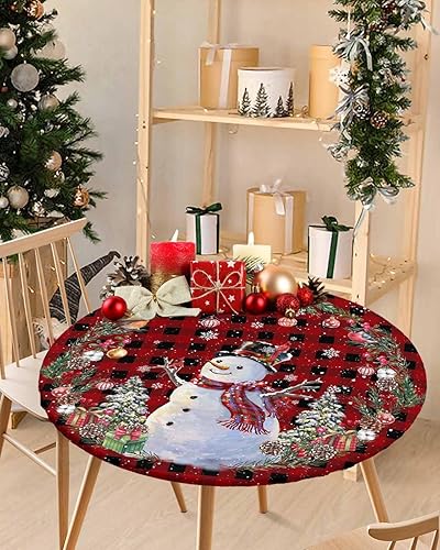 Miniatura 2 de Mantel redondo ajustable con diseño de muñeco de nieve y árbol de Navidad, elástico, impermeable, decoración de mesa para comedor, fiesta en casa,