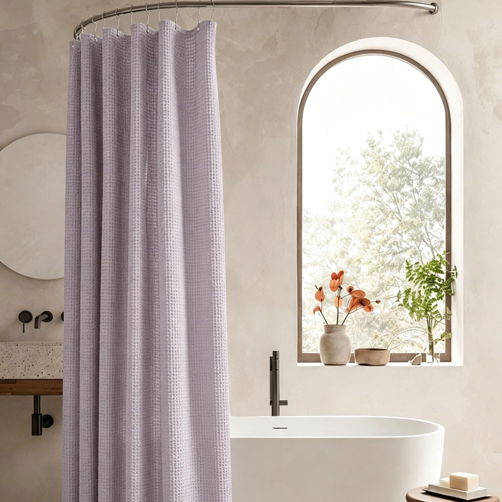 RCYONGQ Shower Curtain Mould and Mildew Resistant, Polyester, Waffle Bathtub Curtains Includes 12 Pcs Curtain Hooks, Quick-Drying, 230g/㎡ for Bathroom Wet Room Tub(Purple,180x180cm)