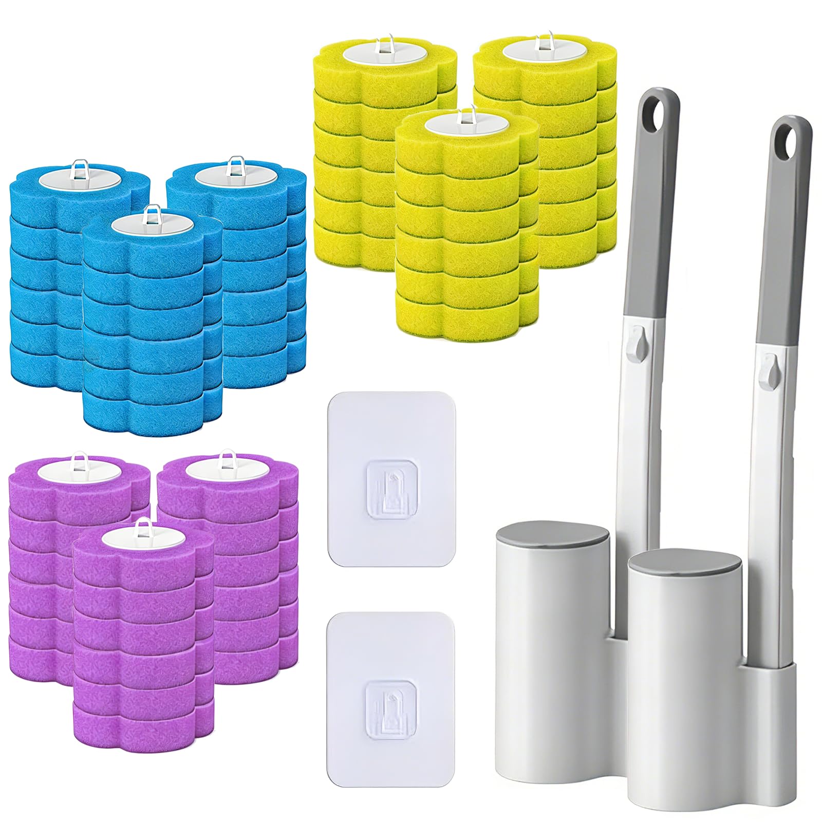 Disposable Toilet Brush, 2 Pack Toilet Brush and Holder Set with 48 Replacement Sponge Brush Heads and 2 Hooks, Wall Mounted Toilet Wand Kit for Bathroom, Wash Basin and Bathtub Sink