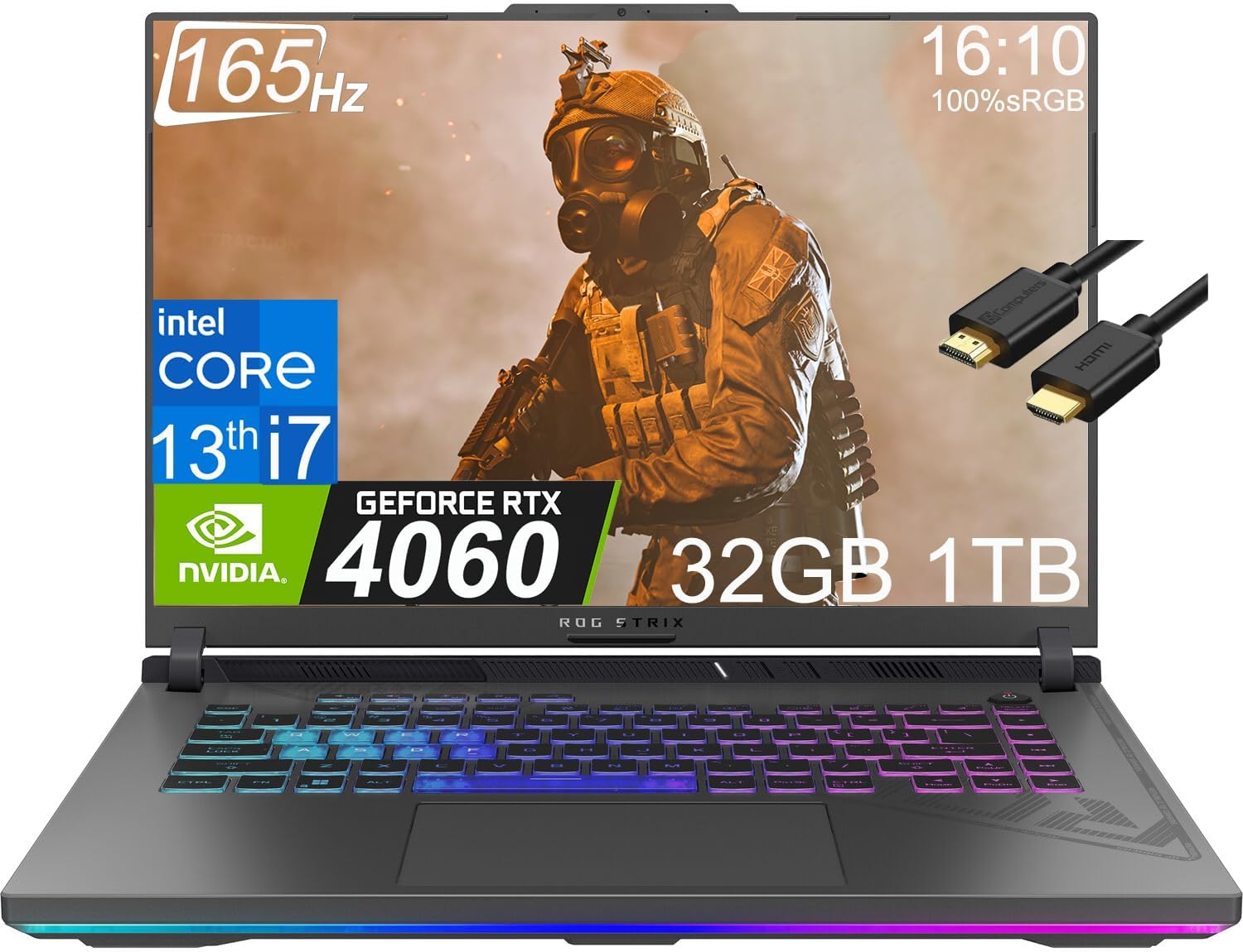 ASUSROG Strix G16 16" FHD+ 165Hz (Intel 13th Core i7-13650HX, 32GB DDR5 RAM, 1TB PCIe SSD, GeForce RTX 4060 8GB) RGB Backlit Gaming Laptop, Thunderbolt 4, Wi-Fi 6E, HDMI IST Cable, Win 11 Home - 2023