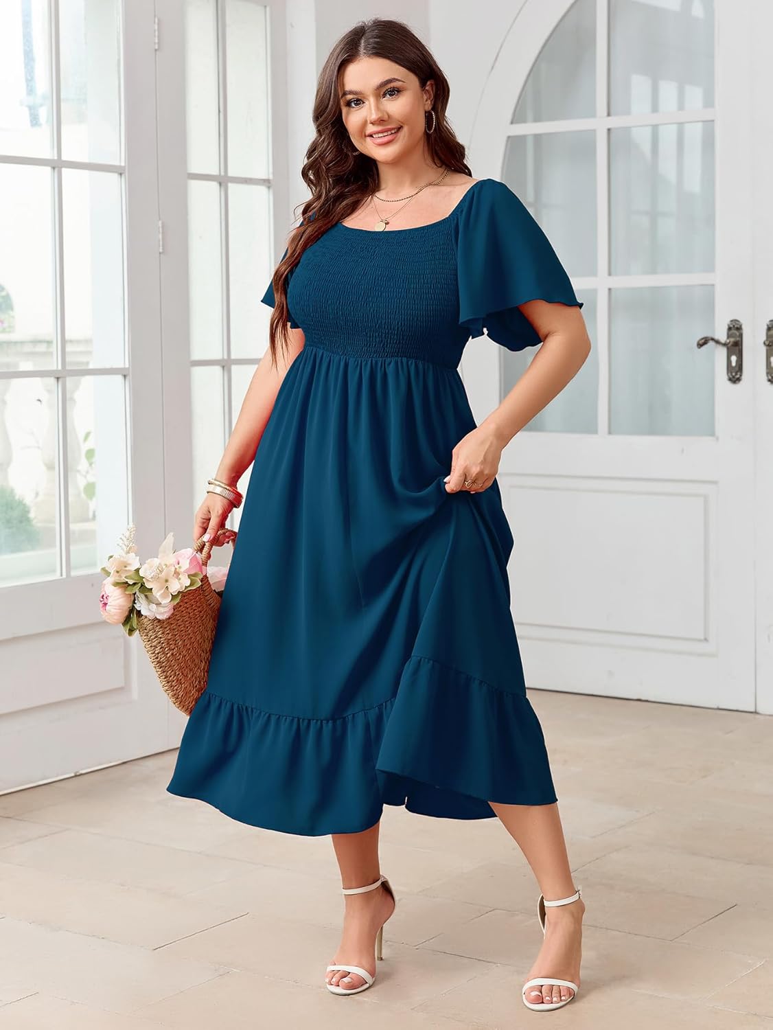 SCOMCHIC Women's Plus Size Summer Dress Casual Short Sleeve Scoop Neck Maxi Dress Smocked Ruffle Boho Flowy Long Dresses - Image 7