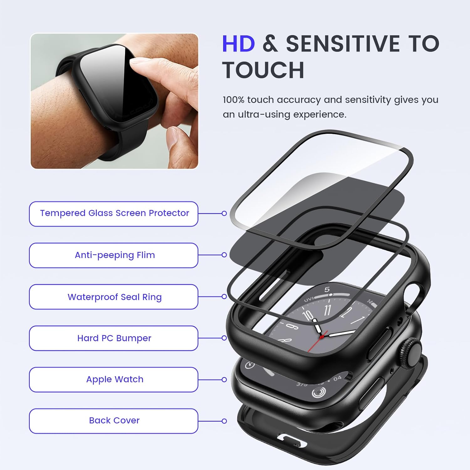 Goton Privacy Waterproof Case Compatible for Apple Watch Screen Protector 40mm Series 6/5/4, SE 3/2/1, Anti Spy Face Cover Back Bumper for iWatch Accessories