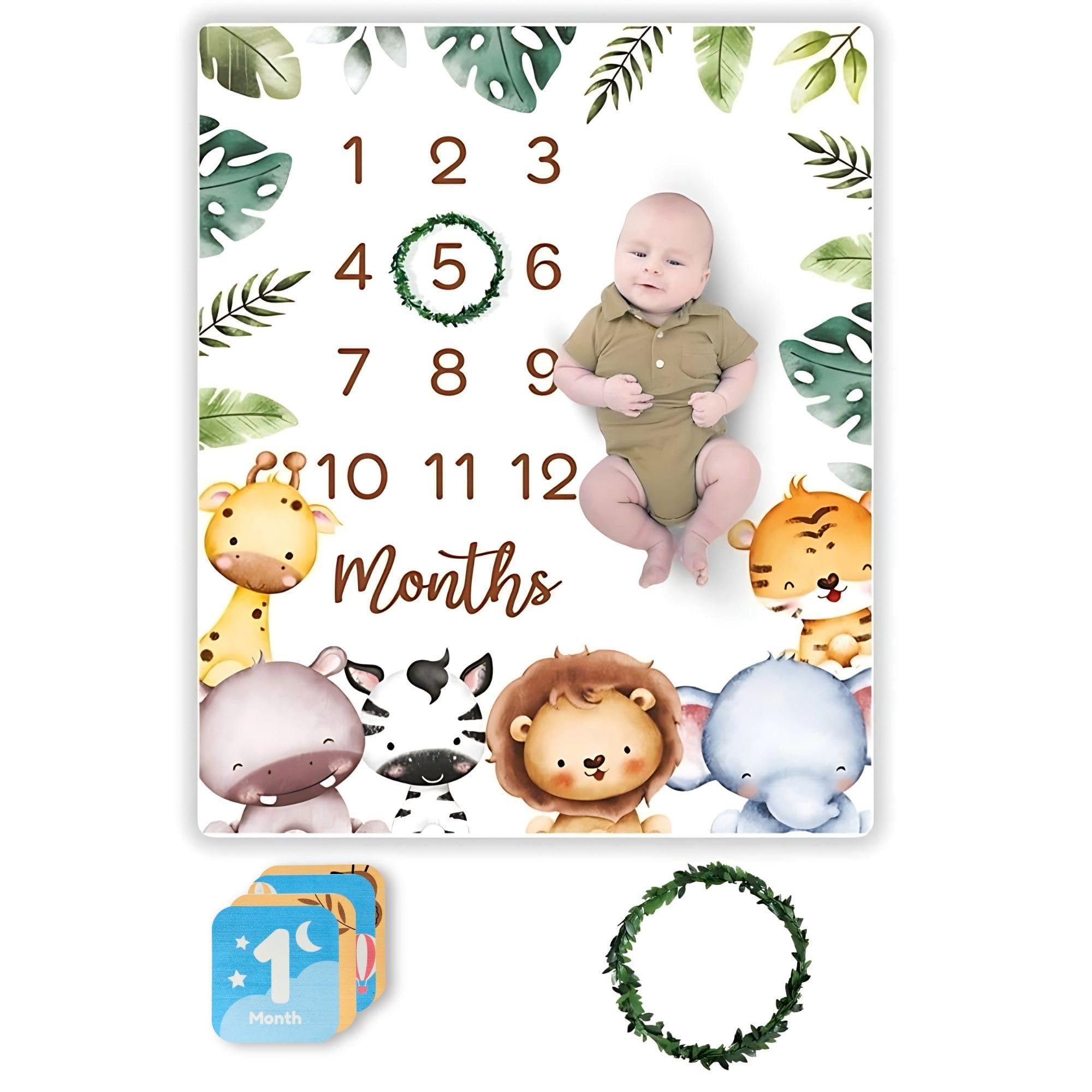 The Prop store Baby Monthly Milestone Blanket for Photography with Wreath, Baby Gift Set for Newborn, Baby Blankets for Newborn 0-1 Years (Animal Kingdom)-image-35