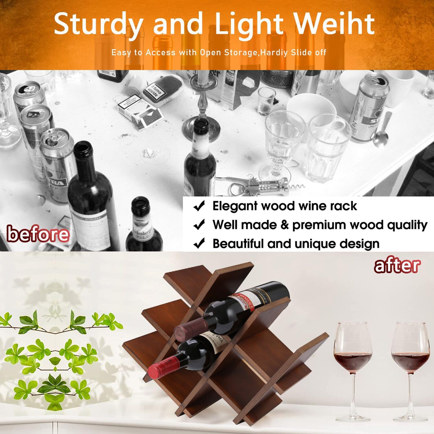 Countertop Wine Rack, Tabletop Wine Holder for 8 Bottle Wine,(Auburn Color Mahogany) - Image 6