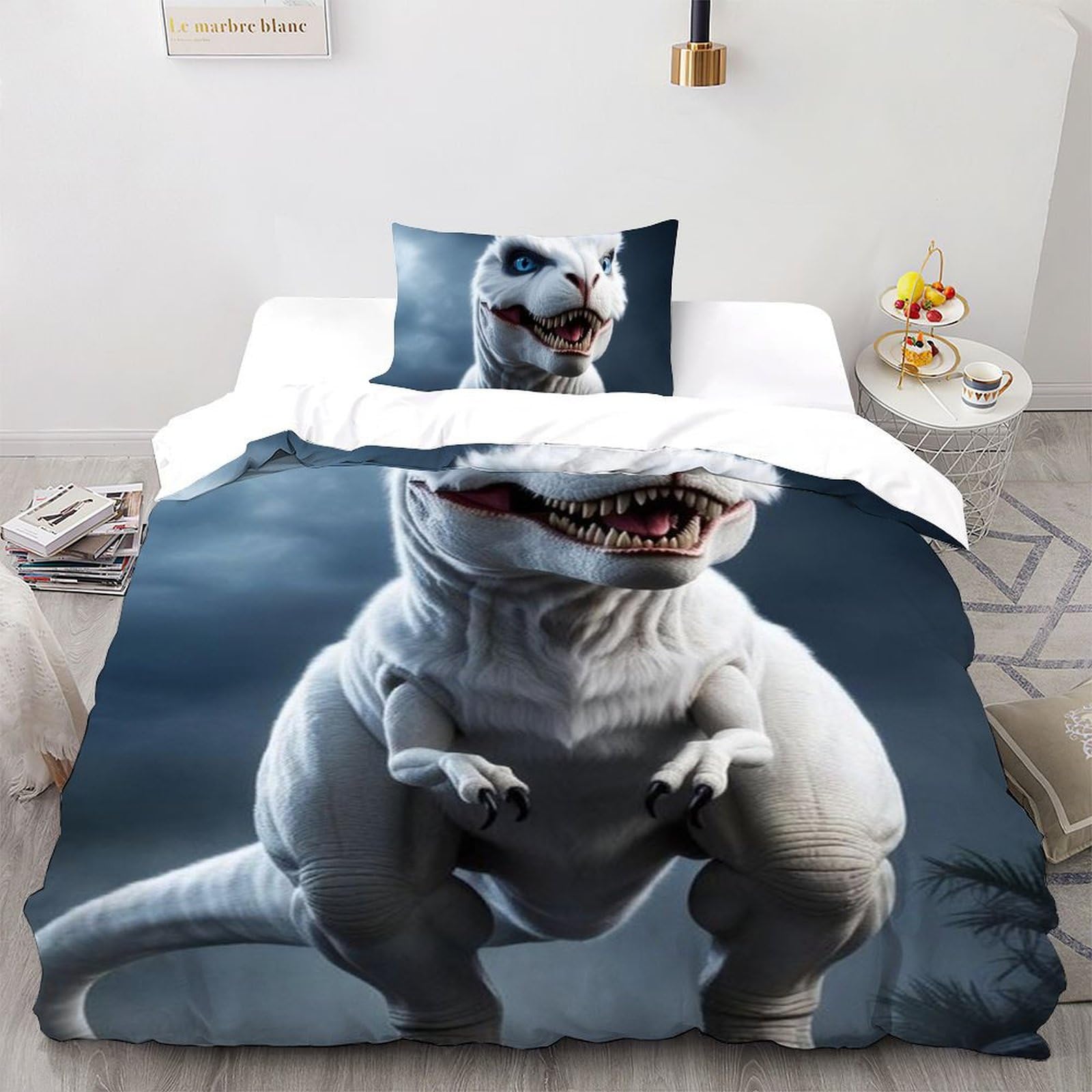 Housse de couette dinosaure blanc, le cadeau idéal pour lit enfant en microfibre