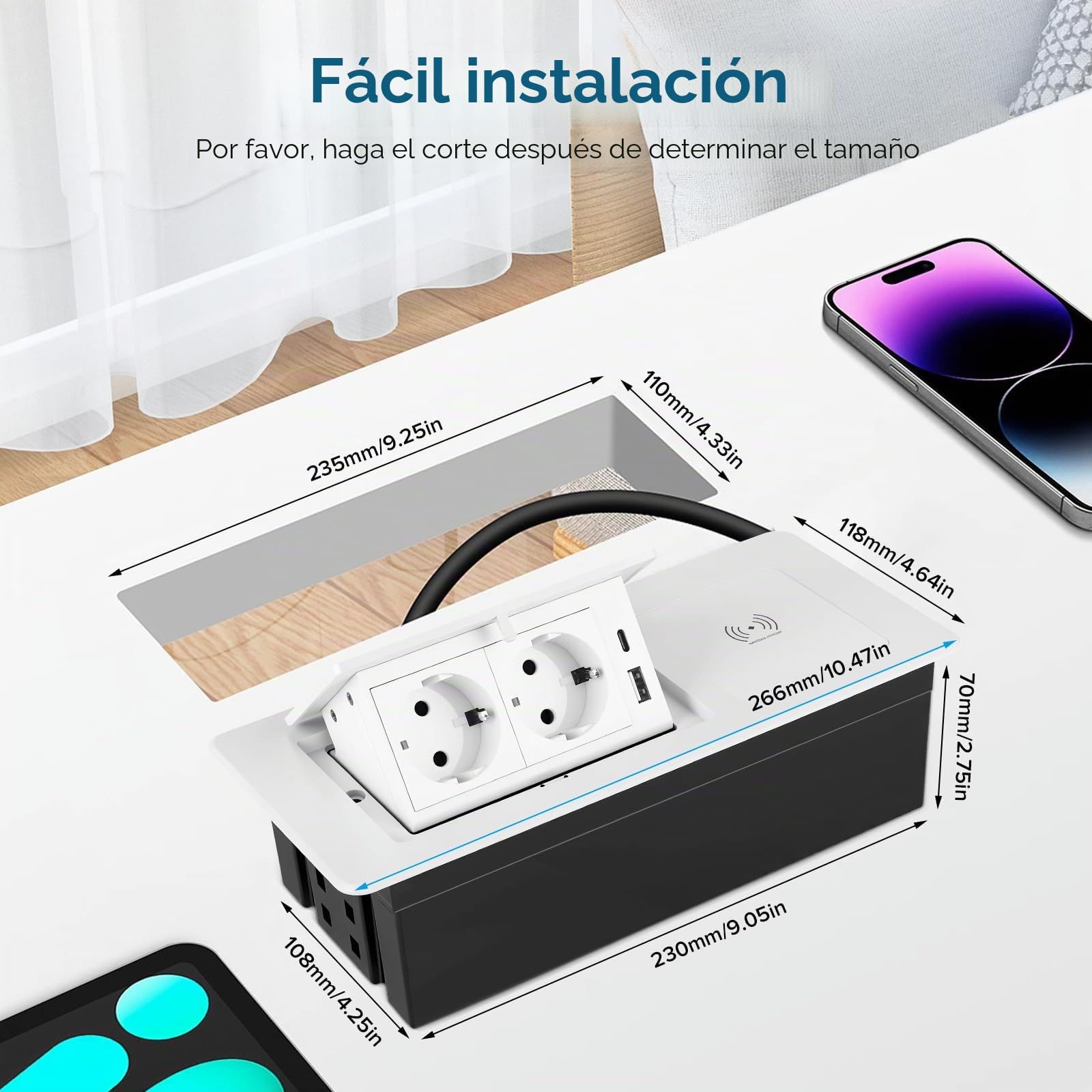Enchufe retráctil con USB, regleta con cargador inalámbrico 3 en 1 para teléfonos móviles, relojes inteligentes y auriculares, enchufe empotrable para cocina, escritorio, mesa de conferencias