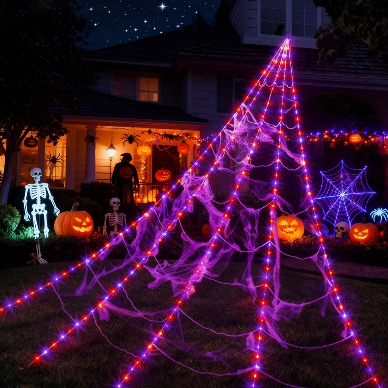 HarnyLoom Halloween Decoration 16.4 FT Spider Web Lights with 250 Purple Orange LED Lights, Waterproof Light Up Halloween for Indoor Outdoor Garden Yard Decor